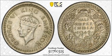 1942(B) 1/2 Rup SW-9.56 Sm Head AU58