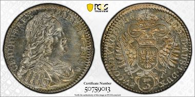 1736 3 Kr KM-1587, Hall MS62