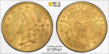 1872 $20 AU58
