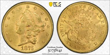 1875 $20 AU58+