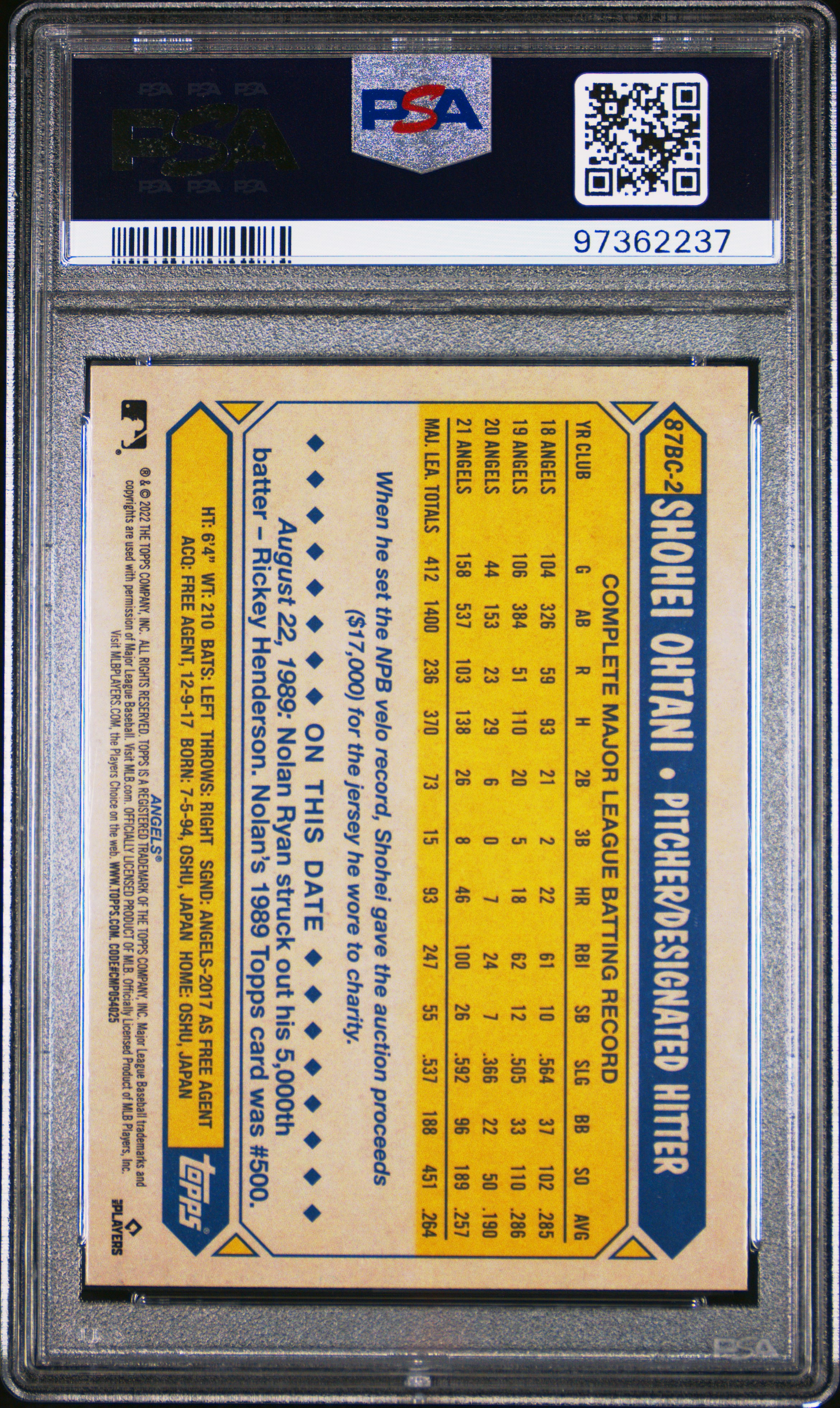 2022 Topps Chrome 1987 Topps Baseball Shohei Ohtani #87Bc2 (1987 Topps Baseball) Mint 9 back