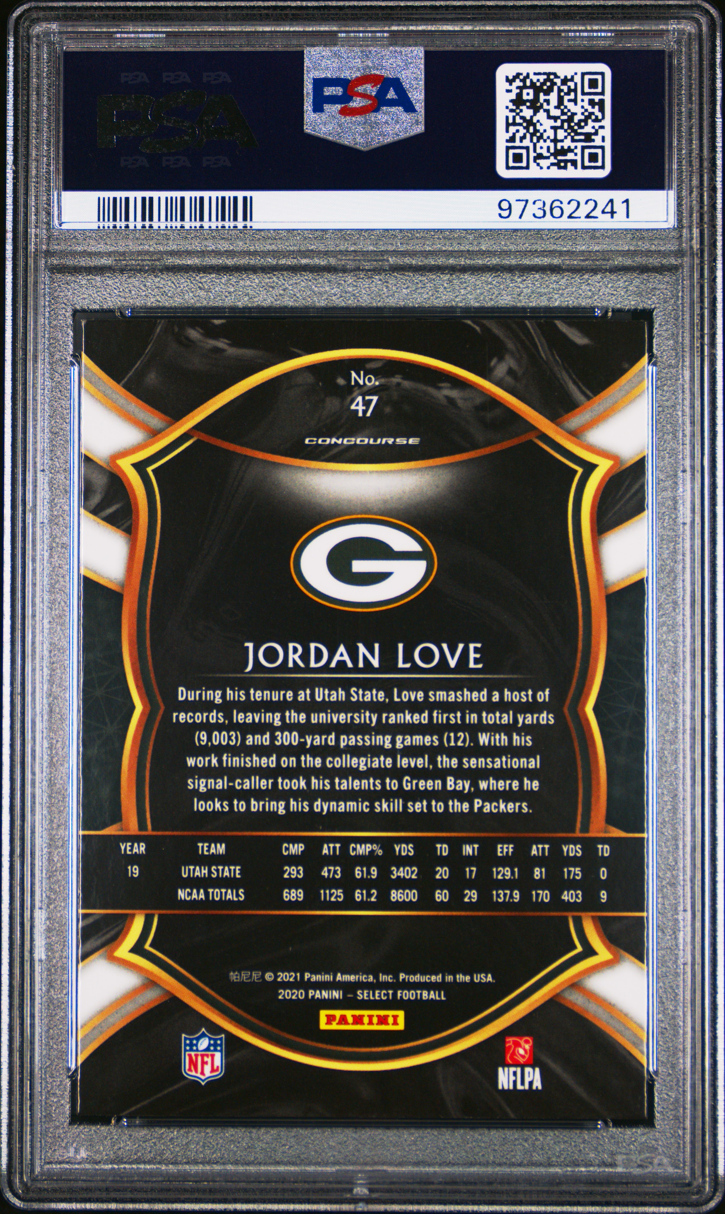 2020 Panini Select Jordan Love #47 Gem Mt 10 back