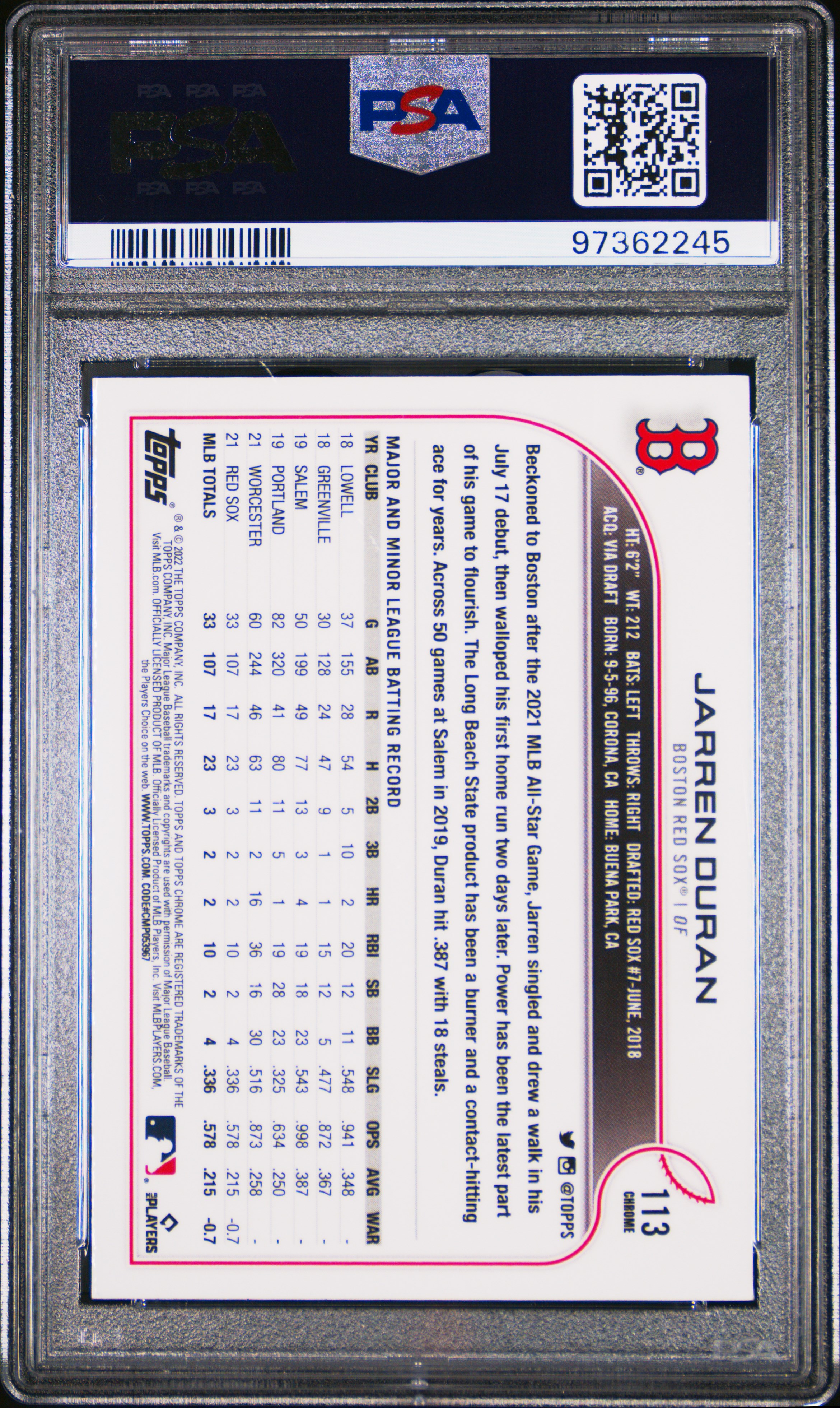 2022 Topps Chrome Jarren Duran #113 (Sepia Refractor) Gem Mt 10 back