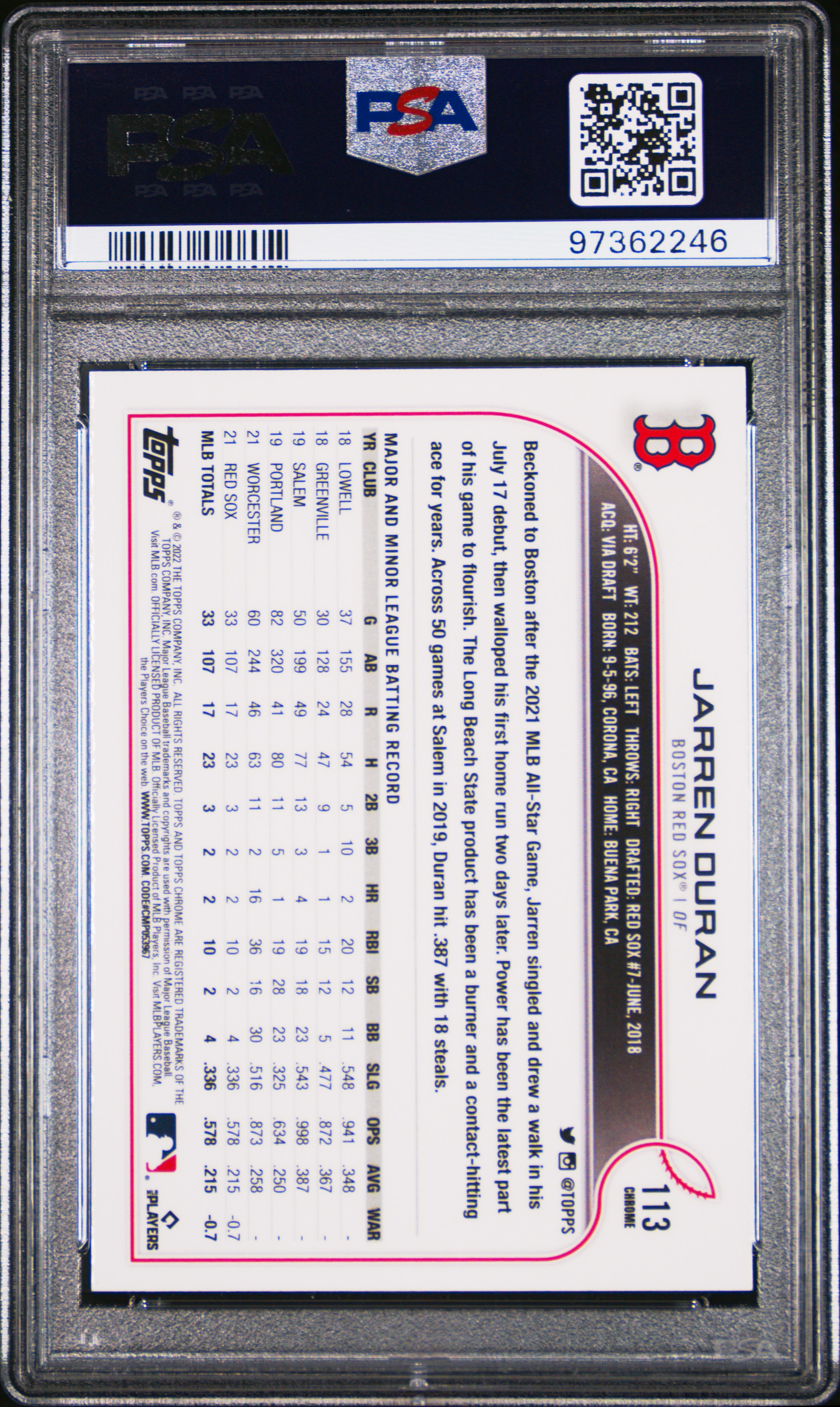 2022 Topps Chrome Jarren Duran #113 (Sepia Refractor) Gem Mt 10 back