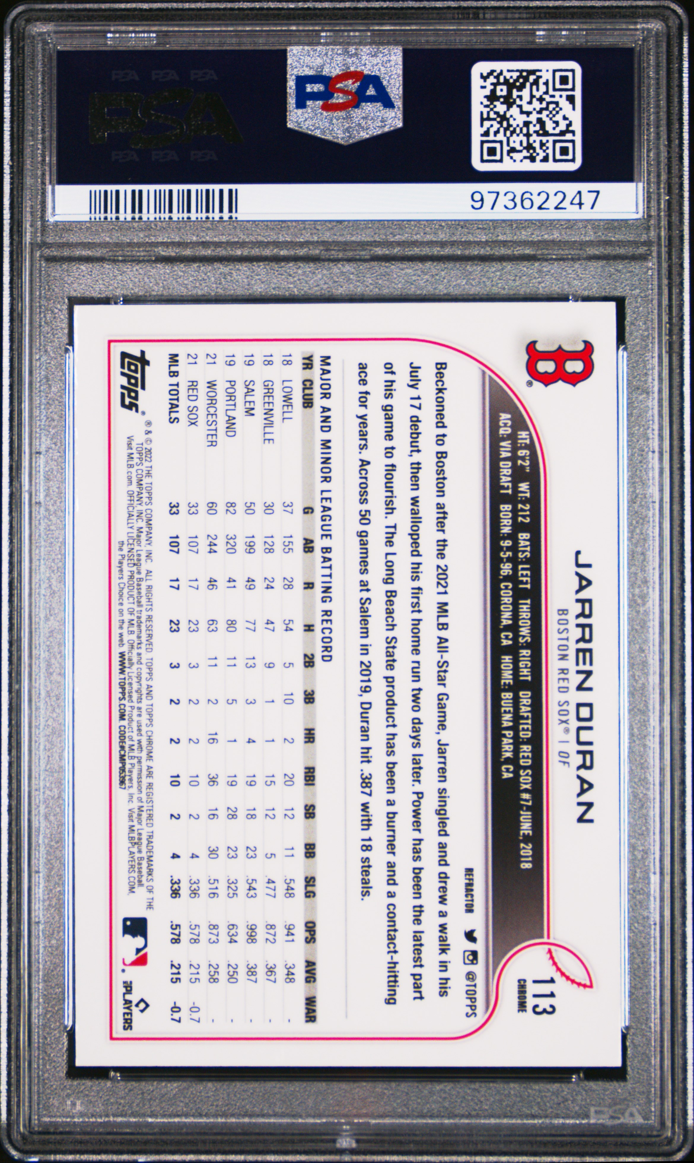 2022 Topps Chrome Jarren Duran #113 (Refractor) Gem Mt 10 back