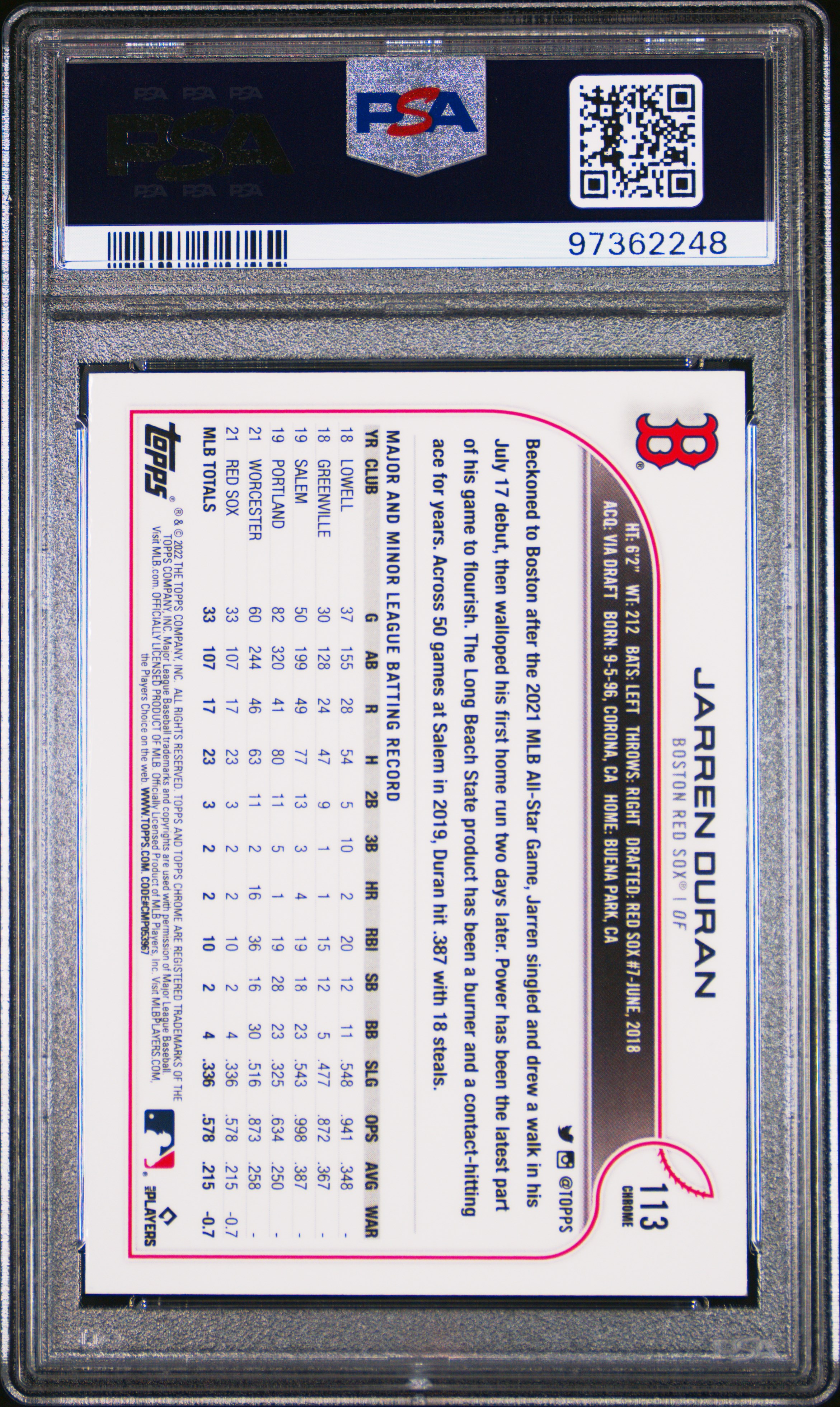 2022 Topps Chrome Jarren Duran #113 (Pink Refractor) Mint 9 back