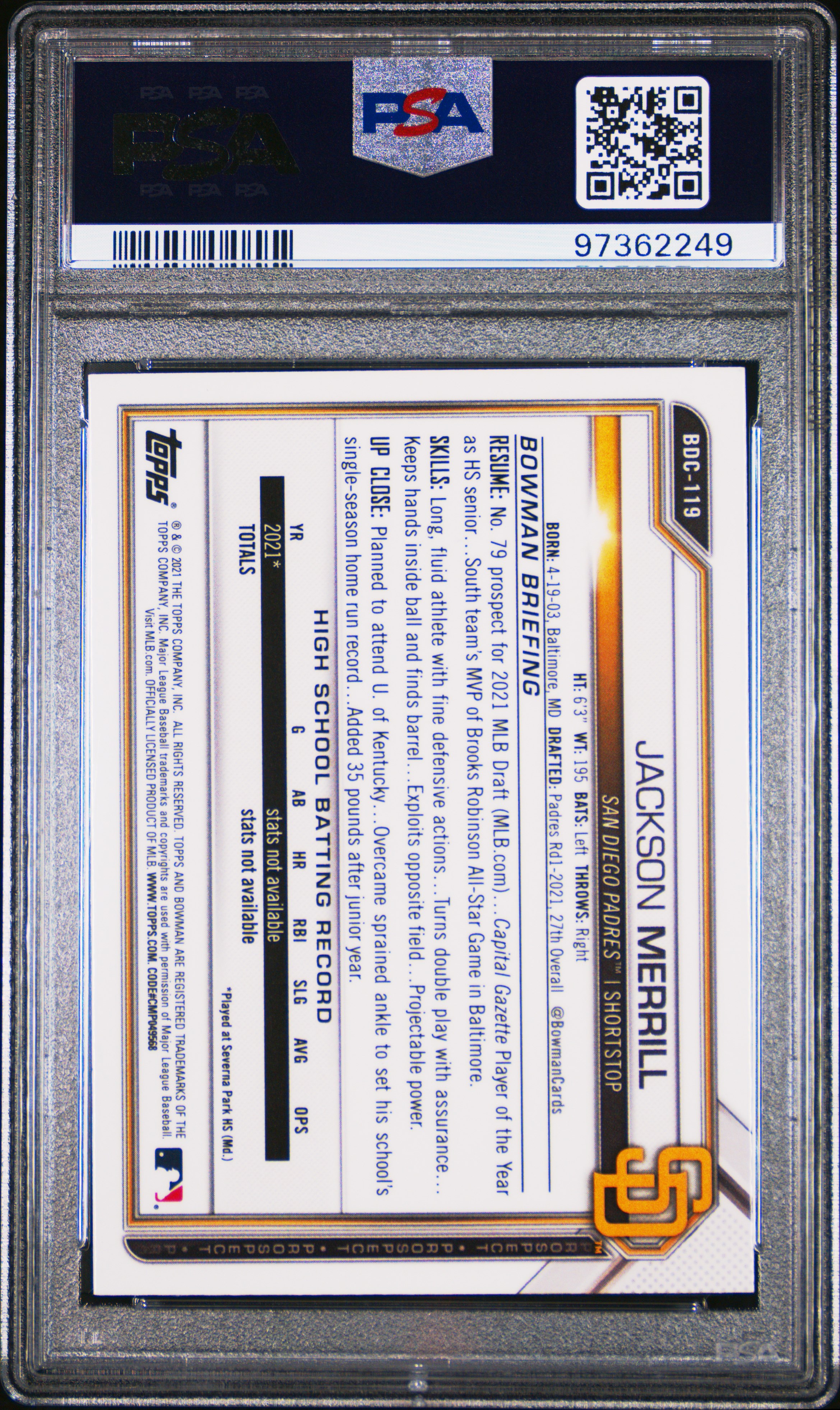 2021 Bowman Draft Jackson Merrill #Bdc119 (Chrome) Mint 9 back