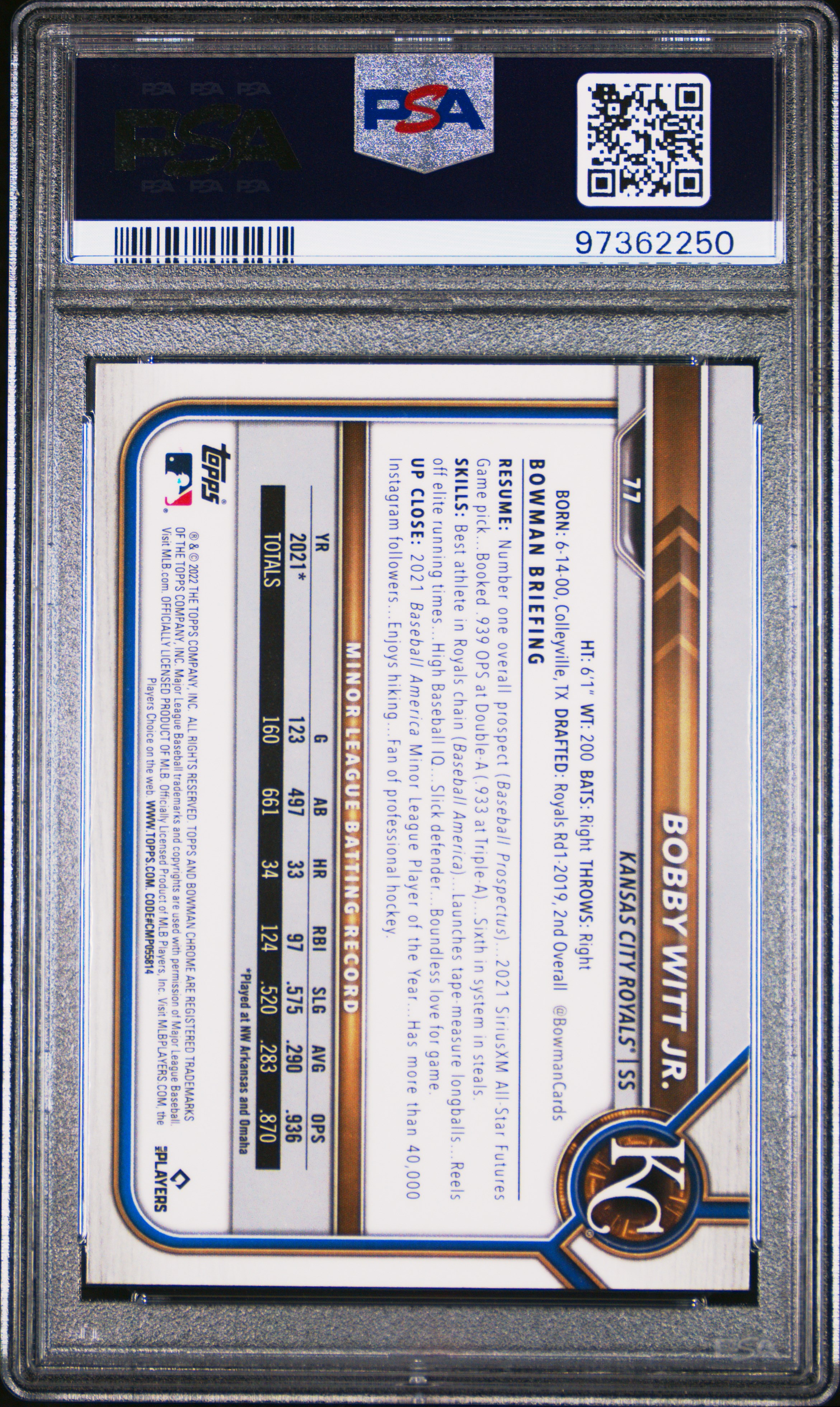 2022 Bowman Chrome Bobby Witt Jr. #77 Mint 9 back