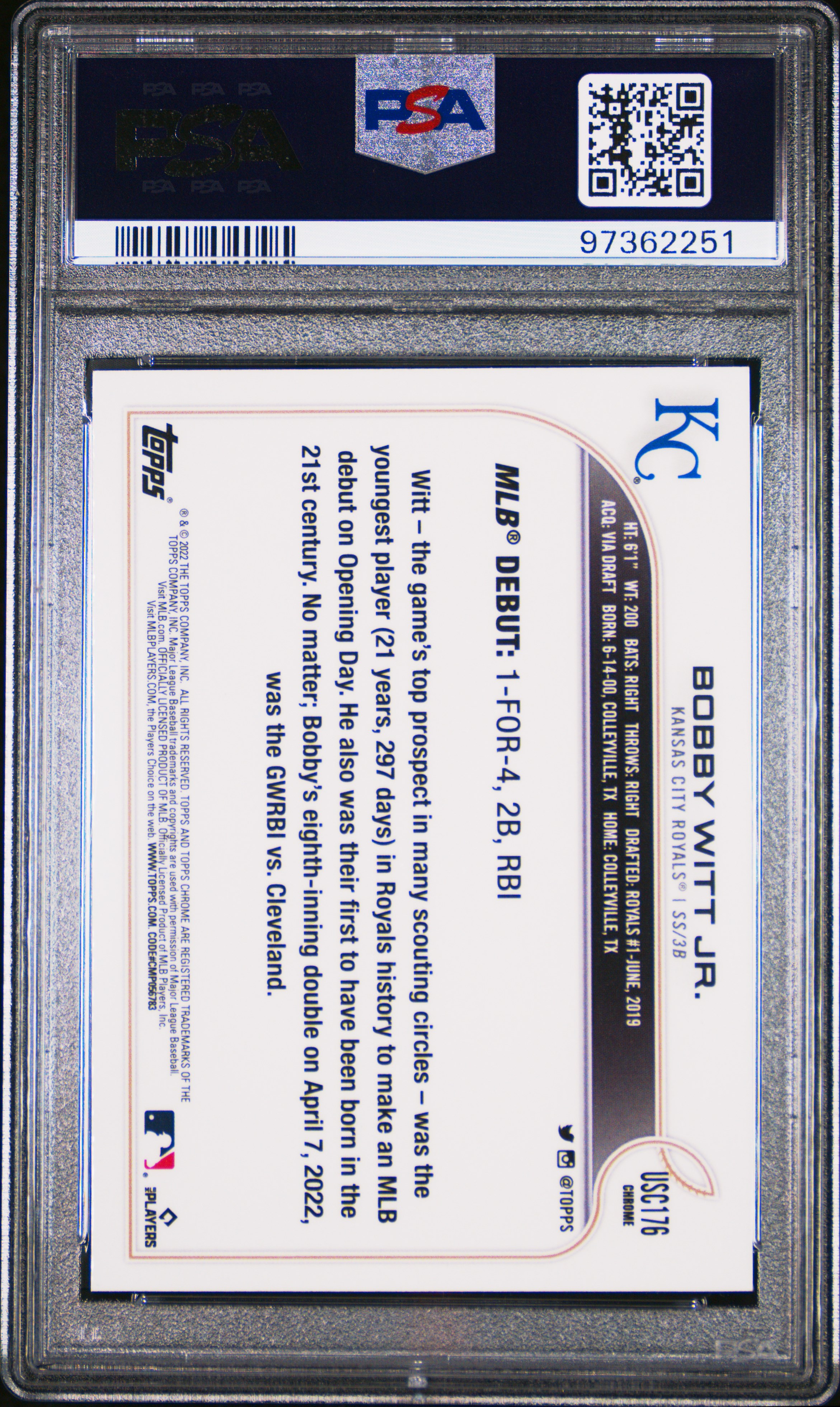 2022 Topps Chrome Update Bobby Witt Jr. #Usc176 Gem Mt 10 back