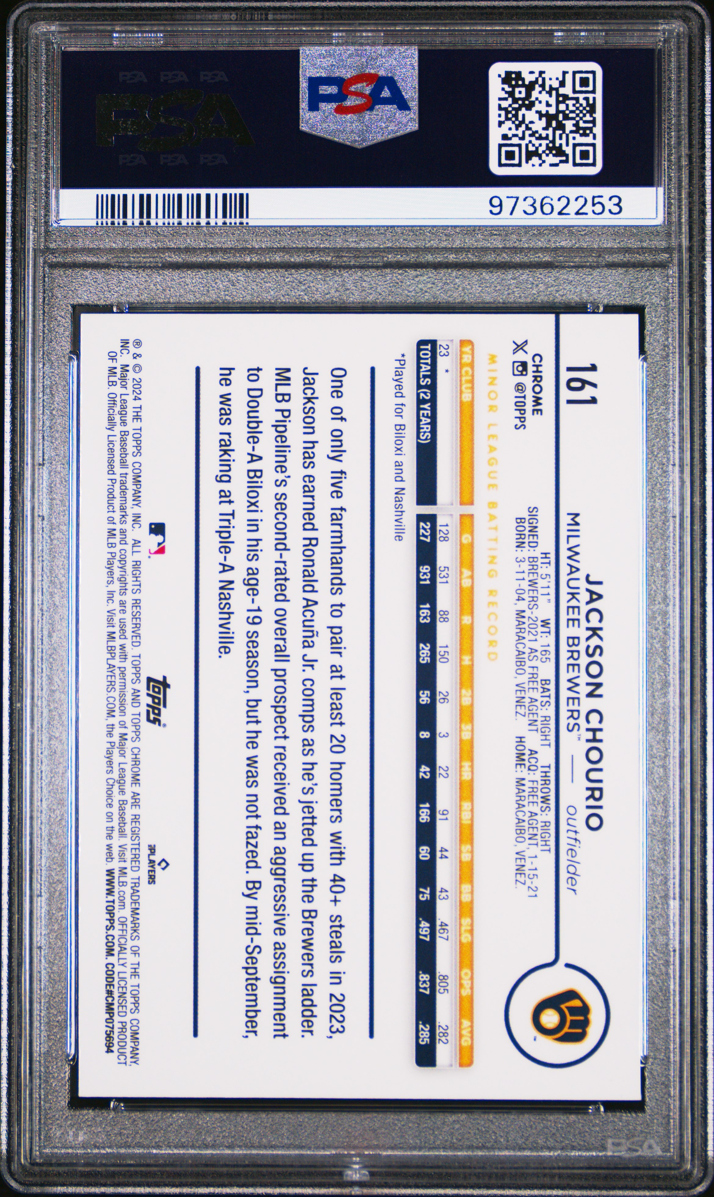 2024 Topps Chrome Jackson Chourio #161 Mint 9 back