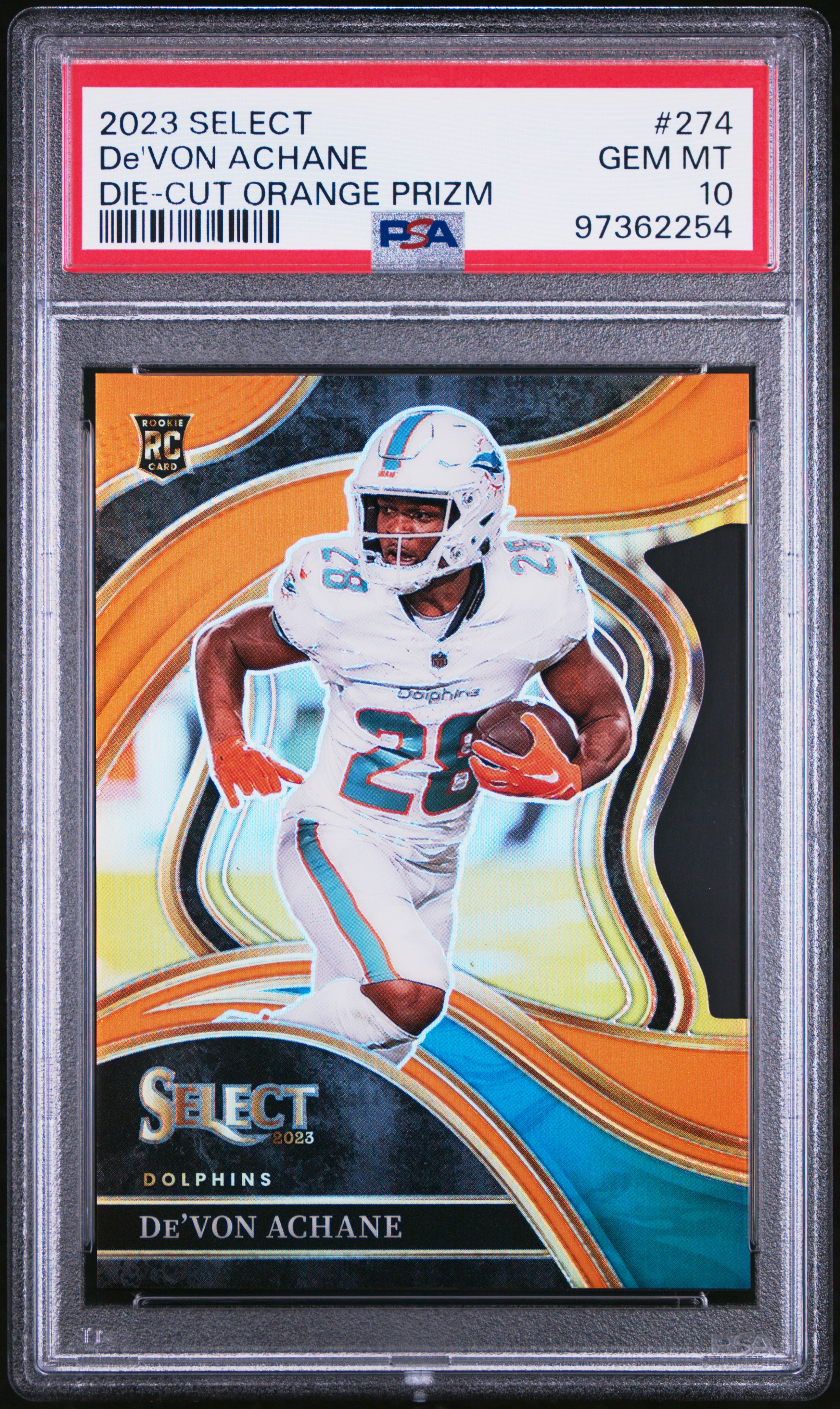 2023 Panini Select De'von Achane #274 (Die-Cut Orange Prizm) Gem Mt 10 front