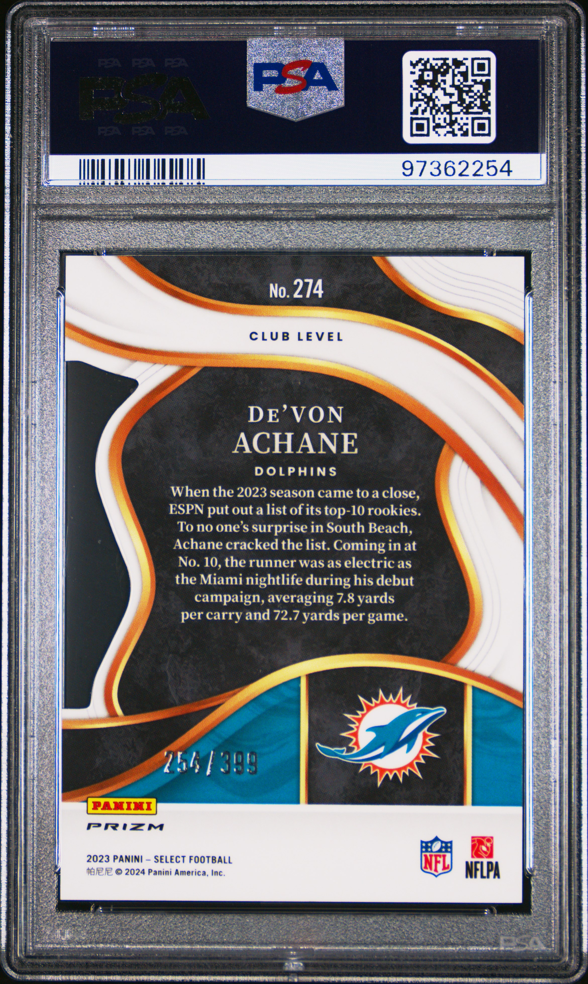 2023 Panini Select De'von Achane #274 (Die-Cut Orange Prizm) Gem Mt 10 back