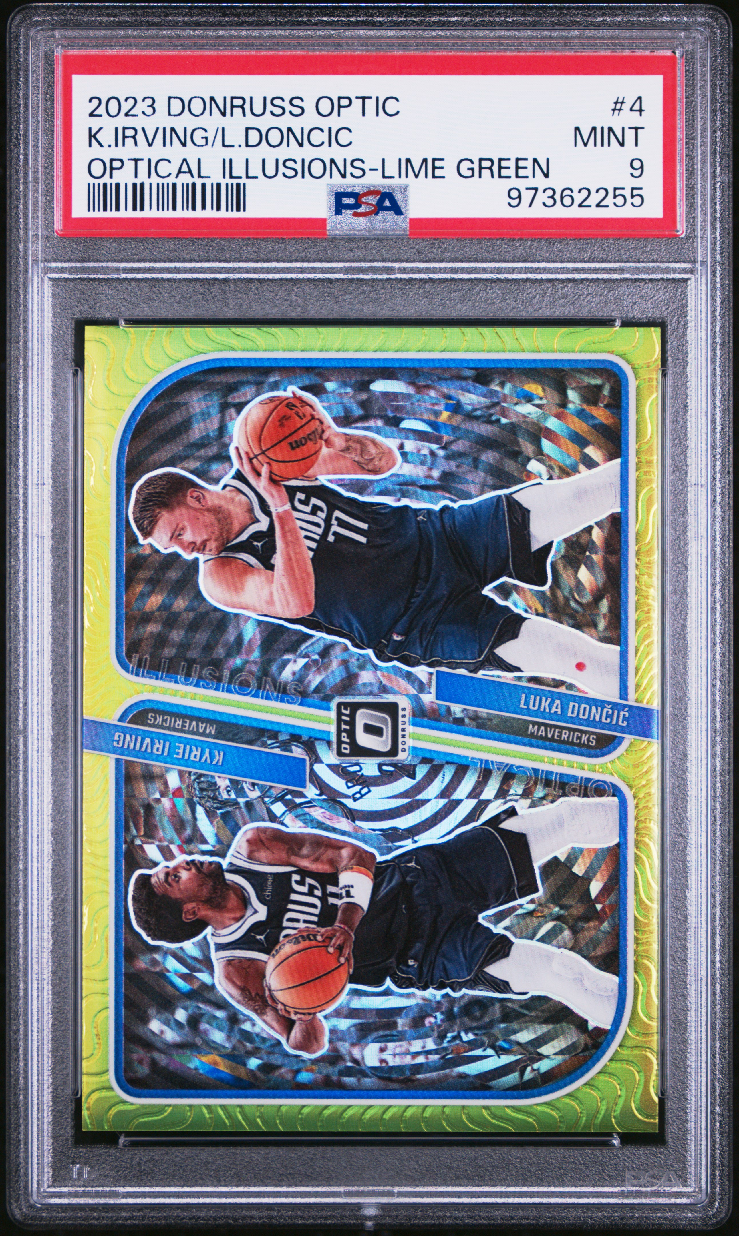 2023 Panini Donruss Optic Optical Illusions K.irving/L.doncic #4 (Optical Illusions-Lime Green) Mint 9 front