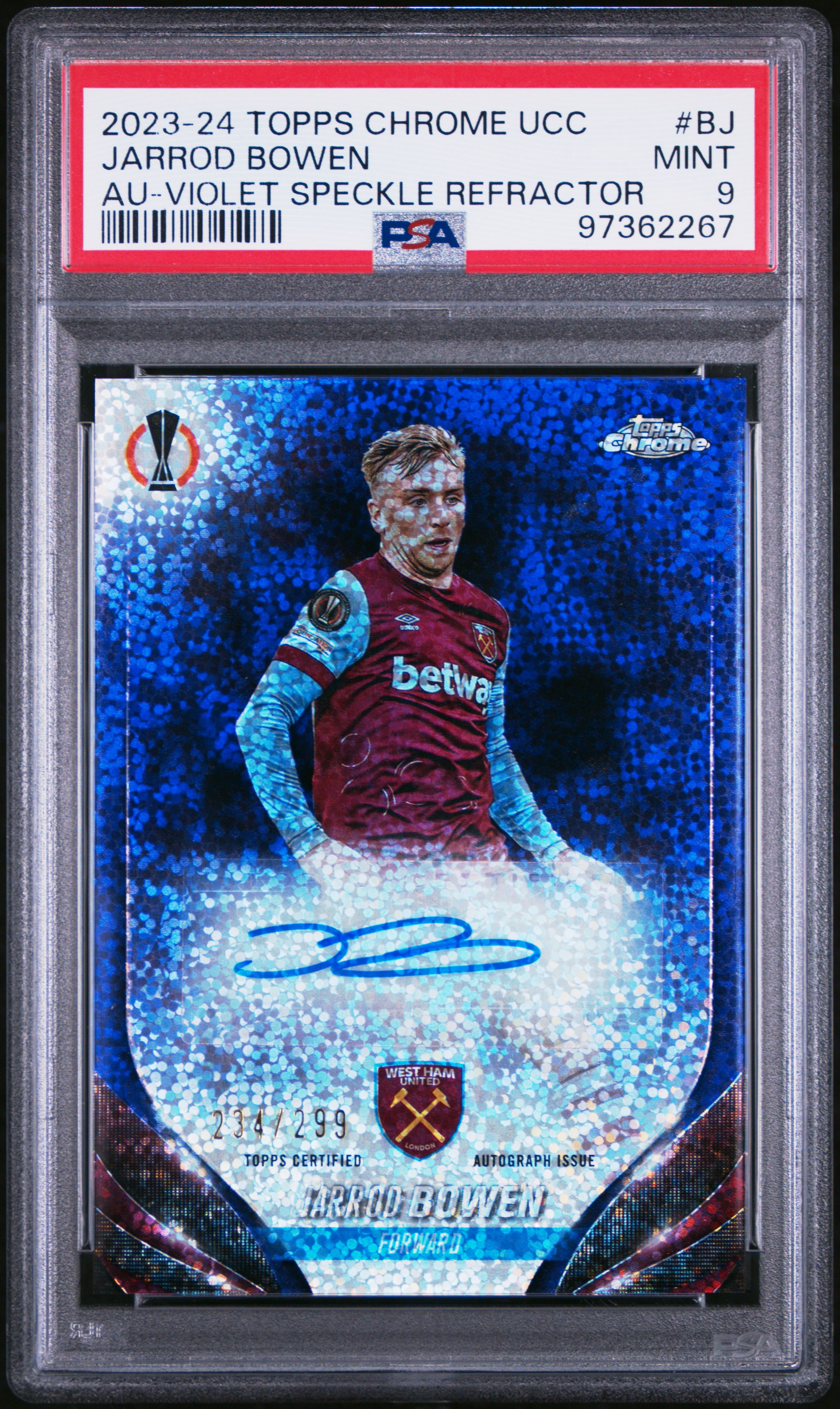 2023-24 Topps Chrome Uefa Club Competitions Chrome Autographs Jarrod Bowen #Bj (Au-Violet Speckle Refractor) Mint 9 front
