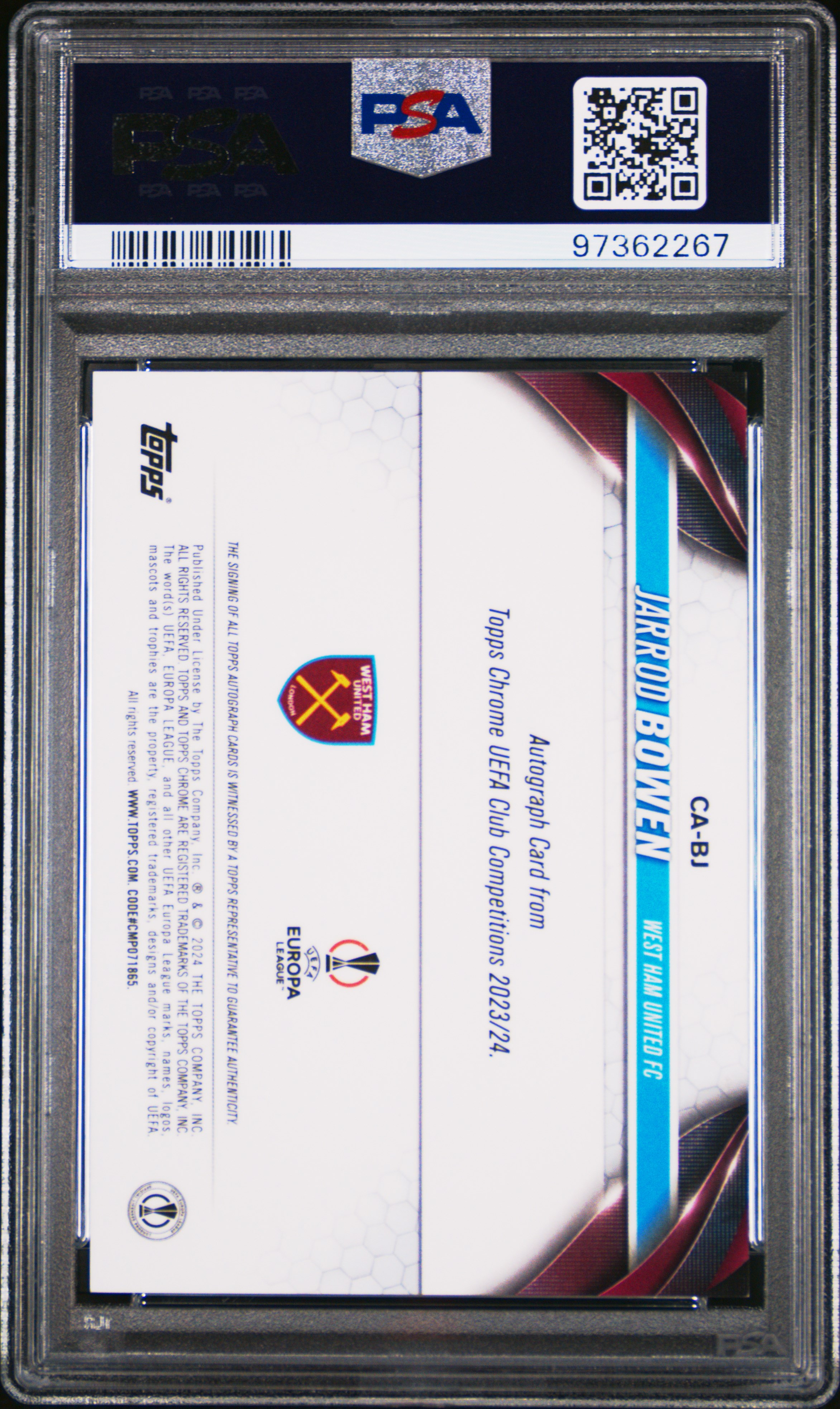 2023-24 Topps Chrome Uefa Club Competitions Chrome Autographs Jarrod Bowen #Bj (Au-Violet Speckle Refractor) Mint 9 back