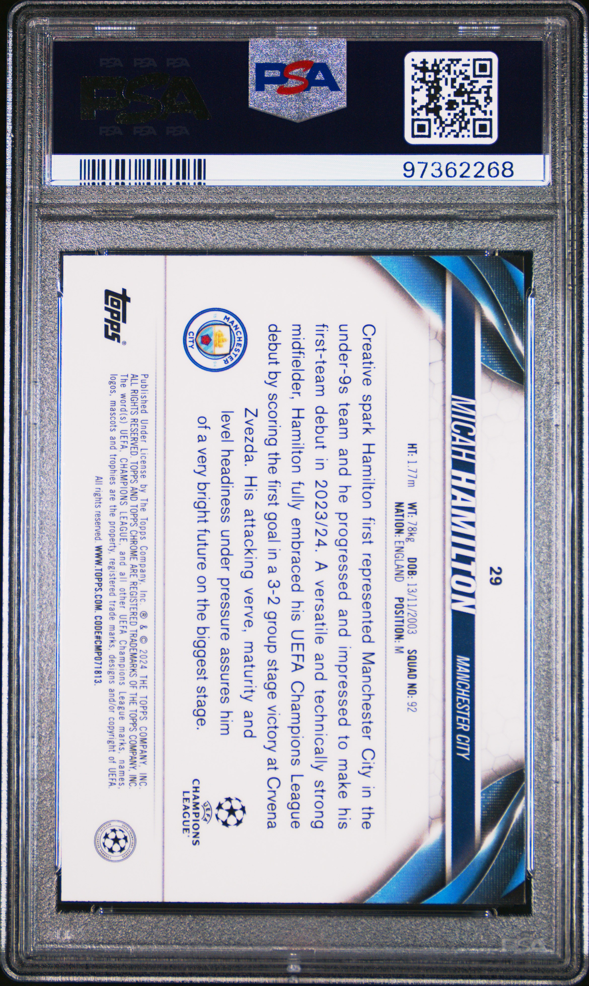 2023-24 Topps Chrome Uefa Club Competitions Micah Hamilton #29 (Aqua Wave) Gem Mt 10 back
