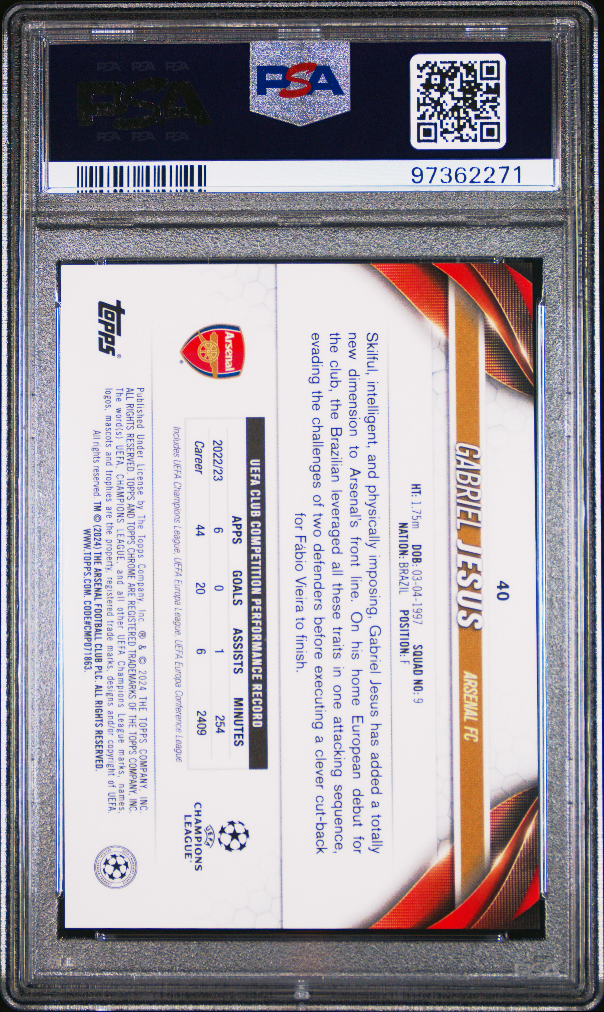 2023-24 Topps Chrome Uefa Club Competitions Gabriel Jesus #40 (Hero Variation) Gem Mt 10 back