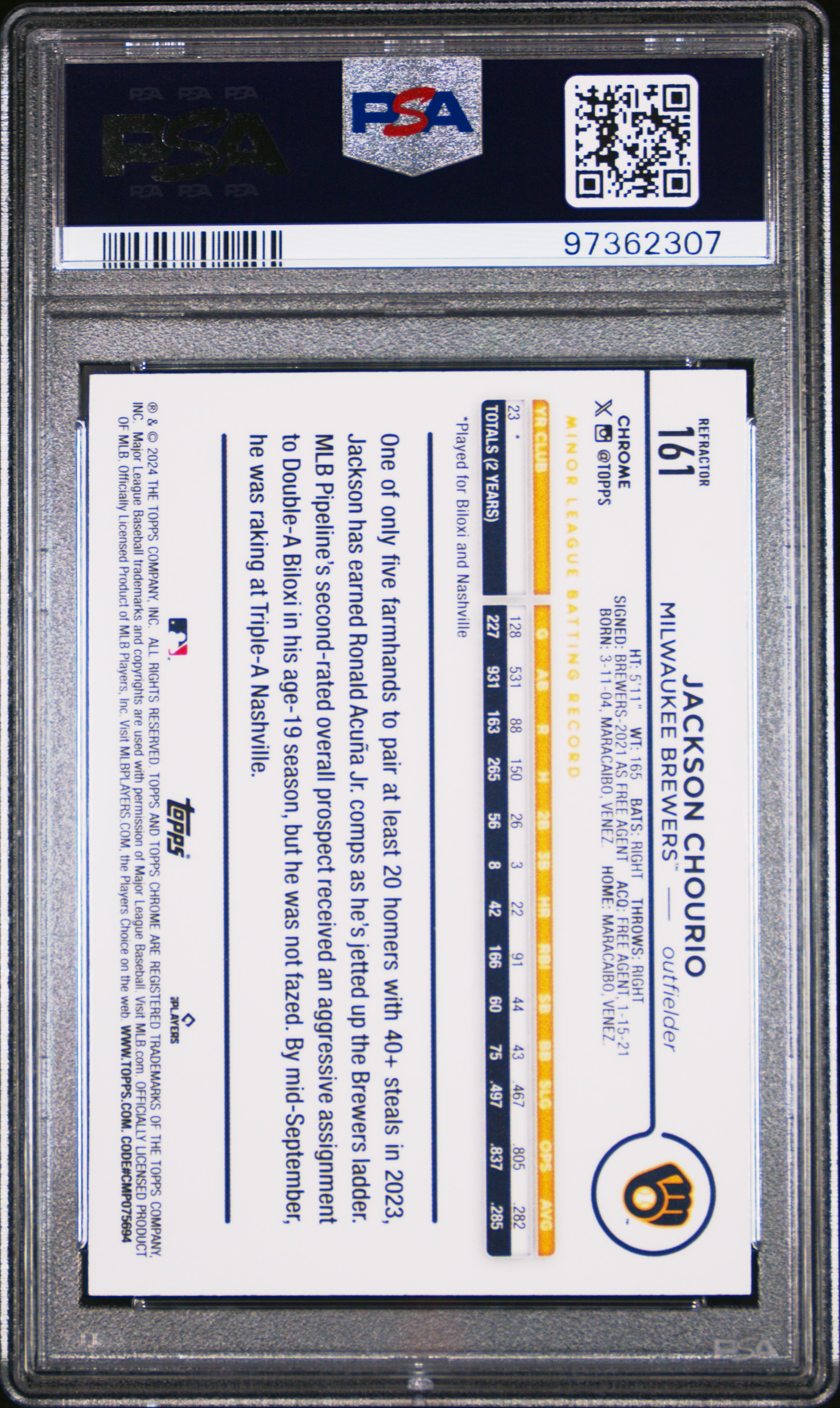 2024 Topps Chrome Jackson Chourio #161 (Refractor) Gem Mt 10 back