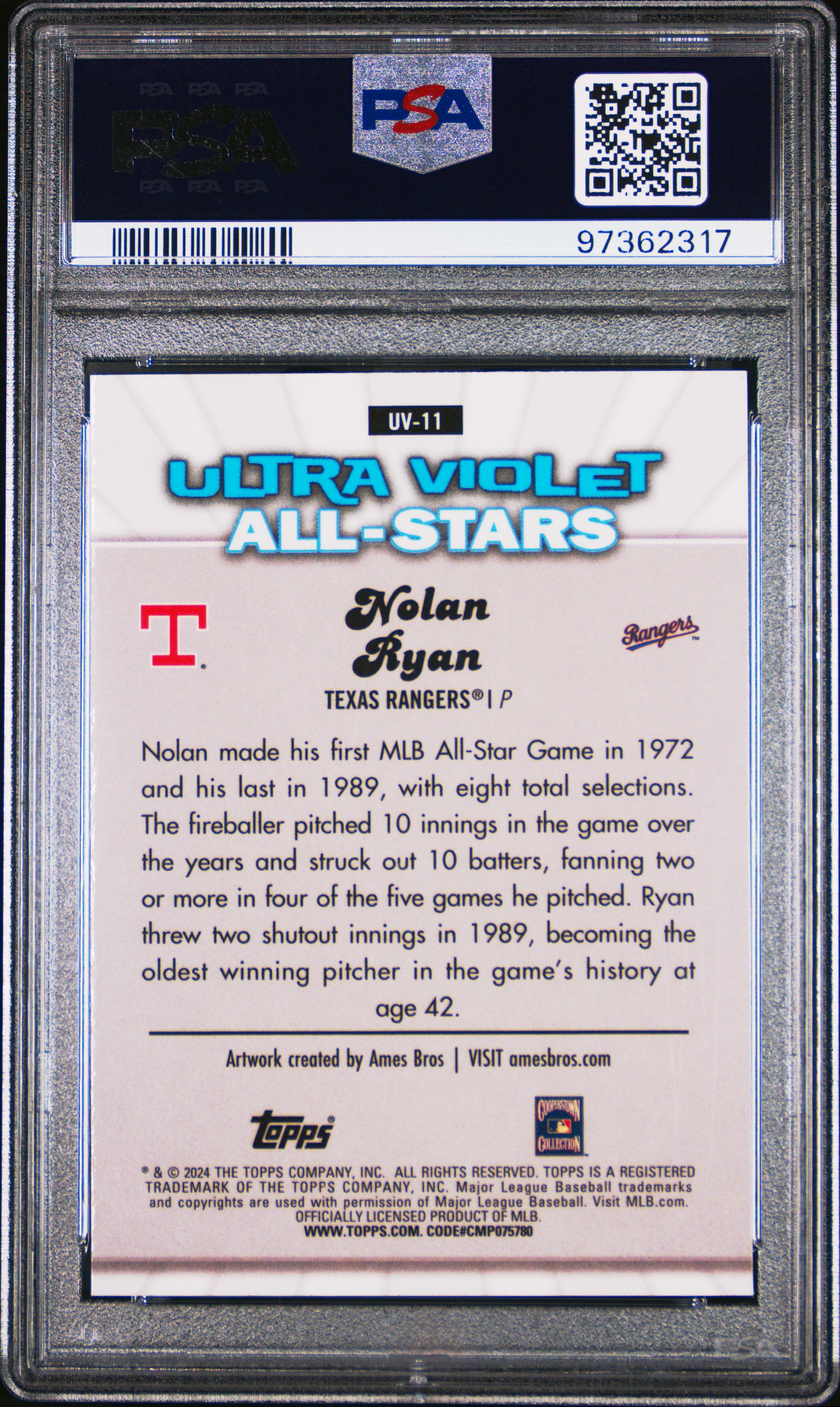 2024 Topps Chrome Ultraviolet All-Stars Nolan Ryan #Uv11 Gem Mt 10 back
