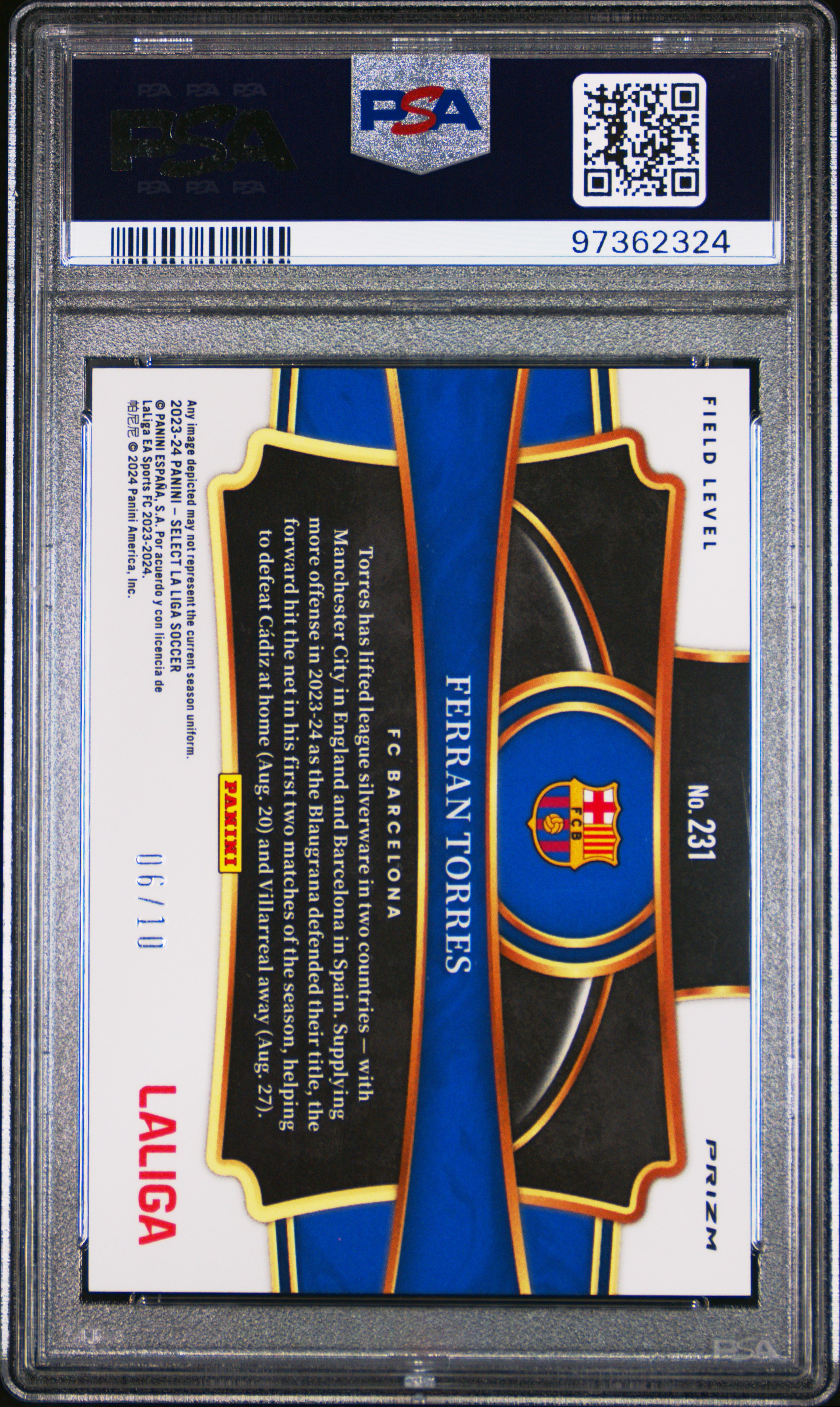 2023-24 Panini Select La Liga Ferran Torres #231 (Gold Mojo) Gem Mt 10 back