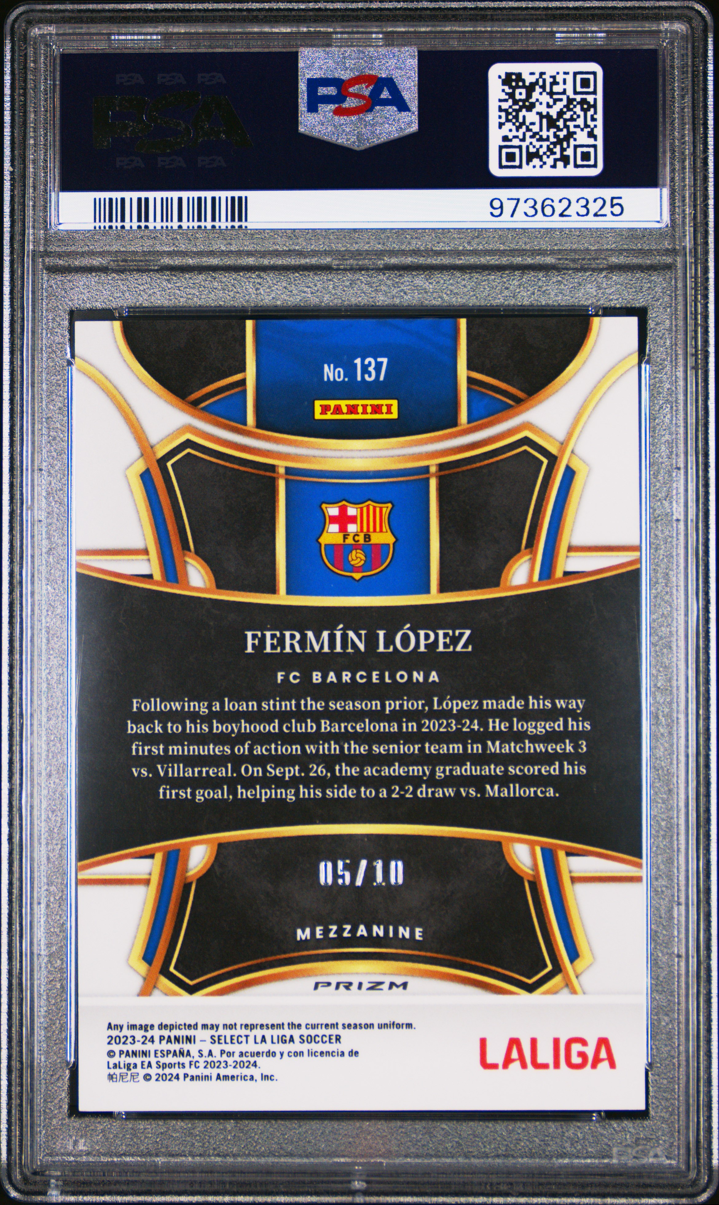 2023-24 Panini Select La Liga Fermin Lopez #137 (Gold Mojo) Gem Mt 10 back