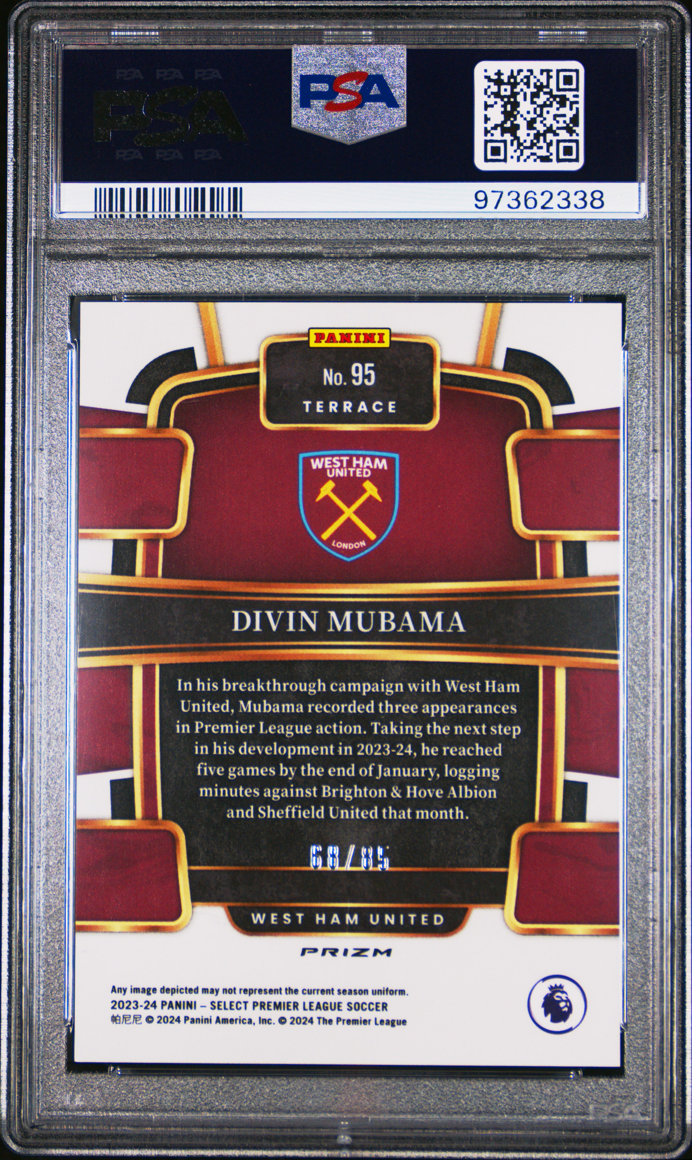 2023-24 Panini Select Premier League Divin Mubama #95 (White Ice) Gem Mt 10 back