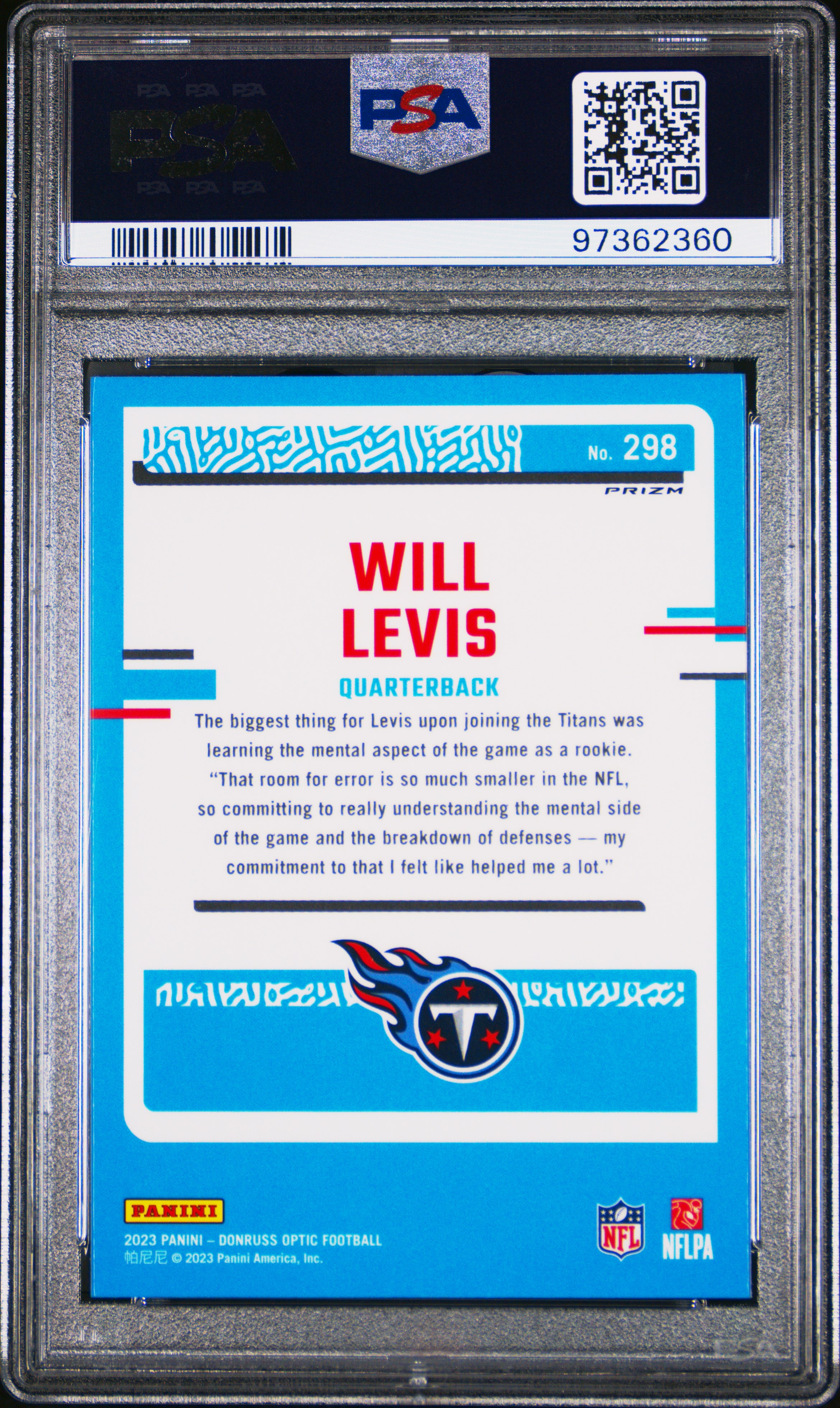 2023 Panini Donruss Optic Will Levis #298 (Holo) Gem Mt 10 back