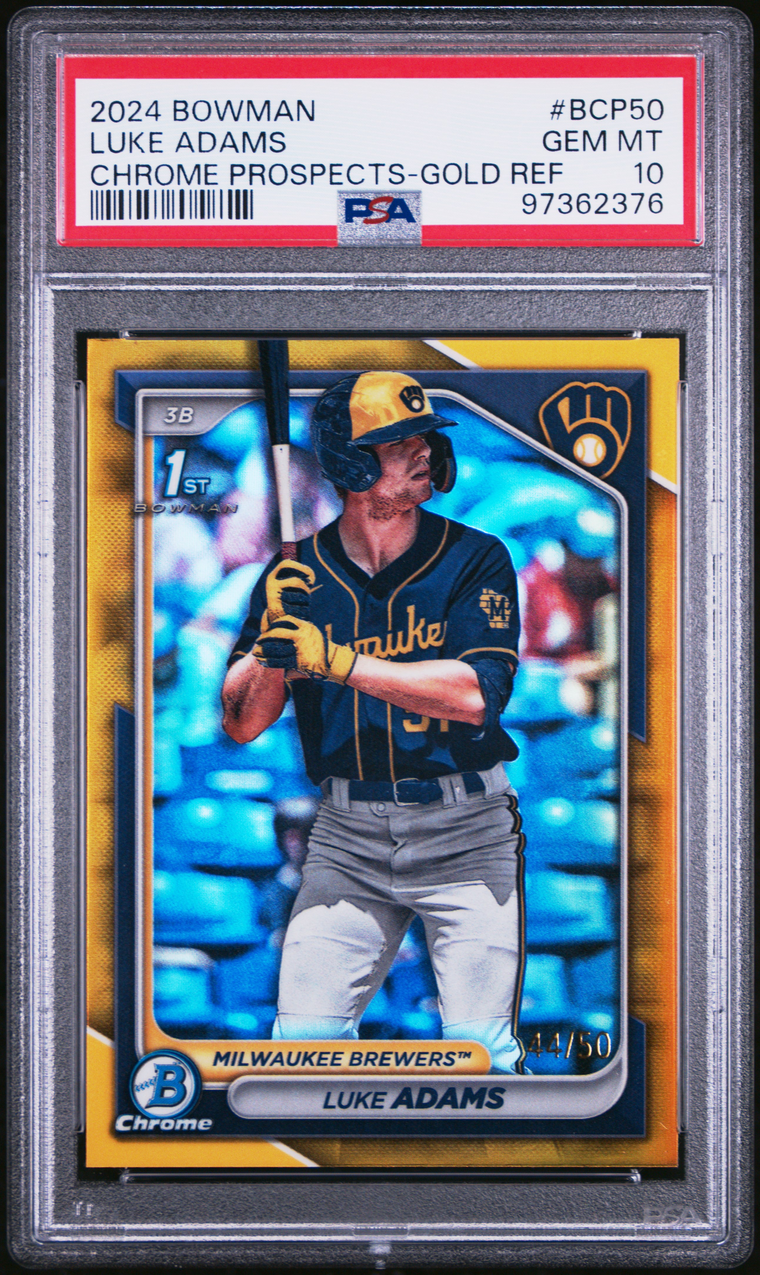 2024 Bowman Chrome Prospects Luke Adams #Bcp50 (Chrome Prospects-Gold Ref) Gem Mt 10 front