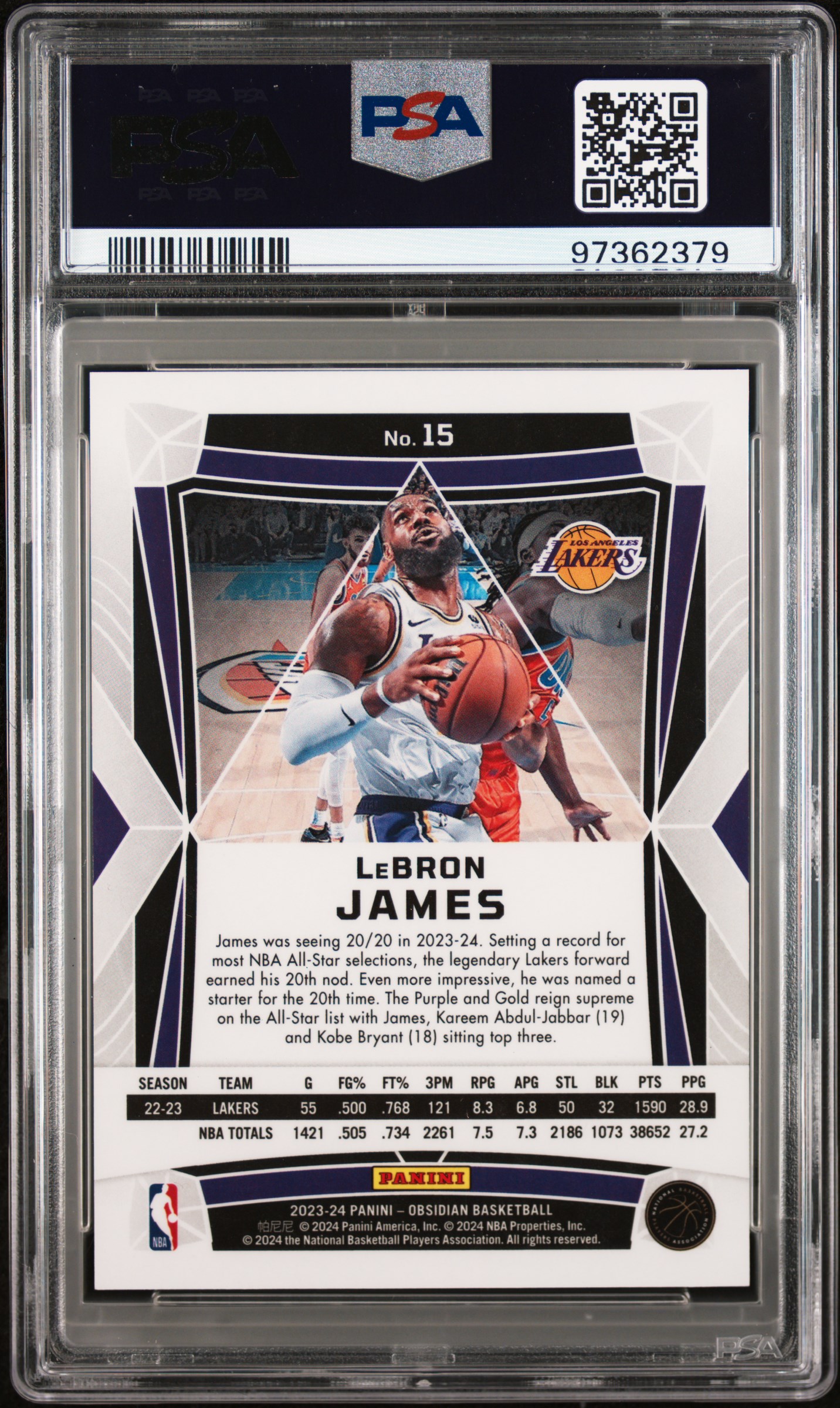 2023 Panini Obsidian Lebron James #15 (Electric Etch International) Gem Mt 10 back
