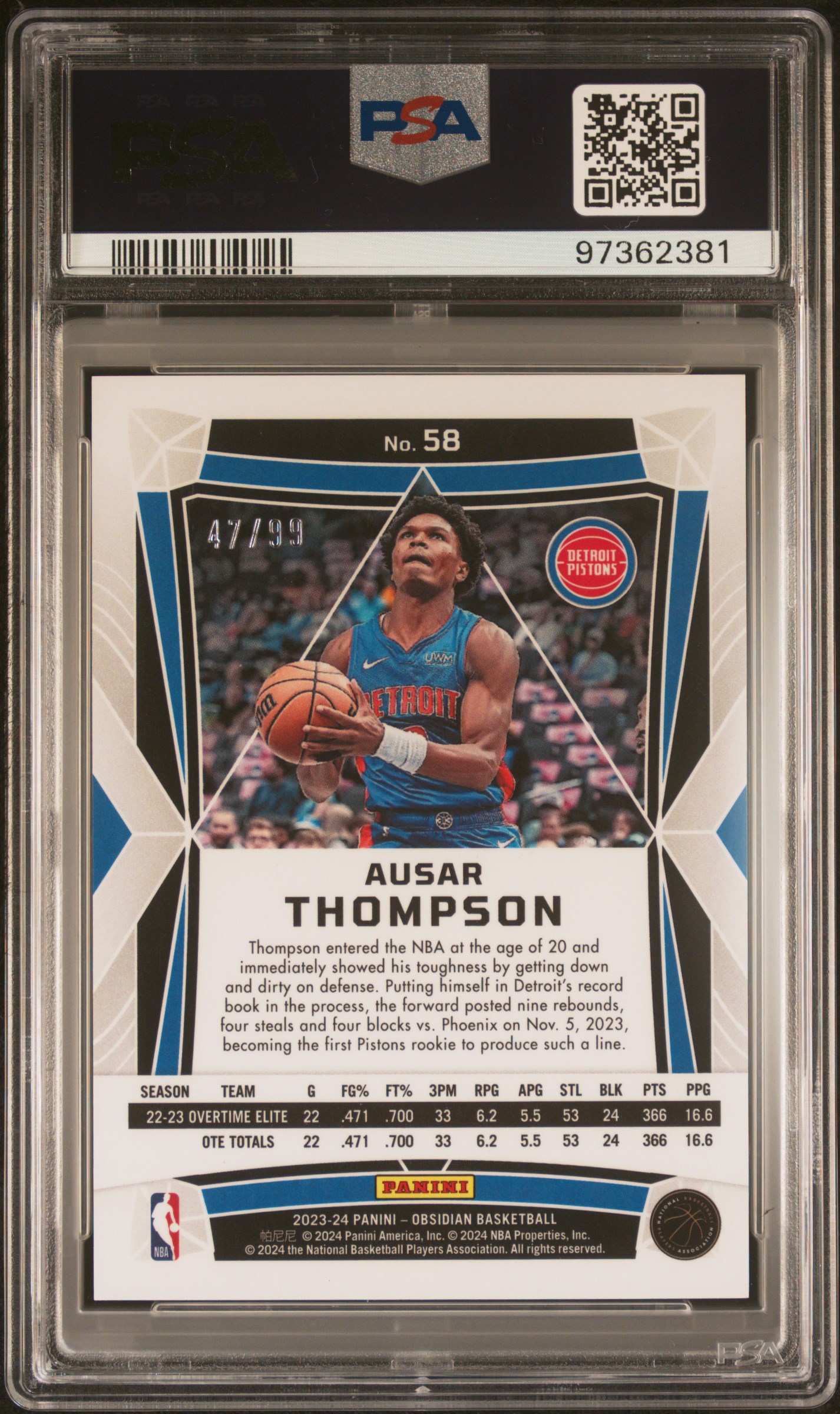 2023 Panini Obsidian Ausar Thompson #58 (Electric Etch Orange Flood) Gem Mt 10 back