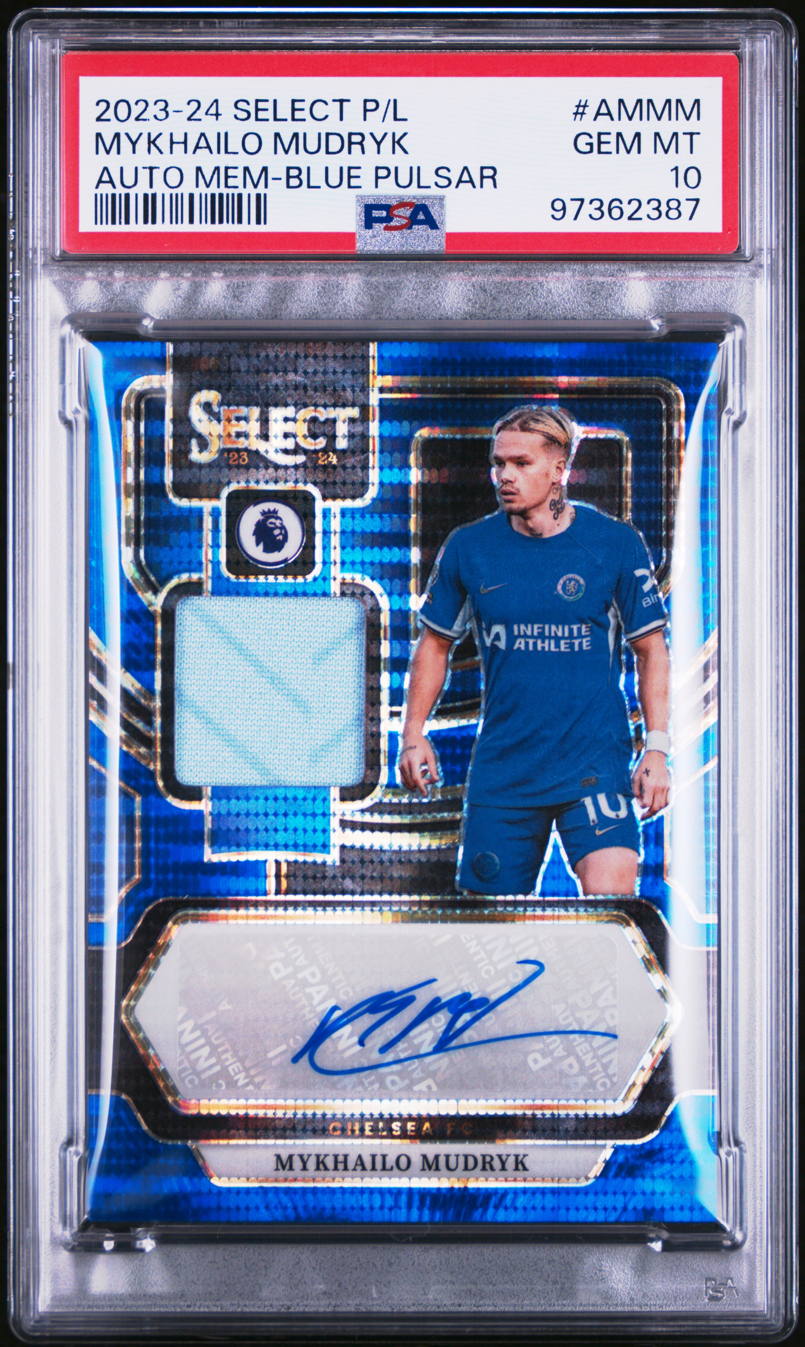 2023-24 Panini Select Premier League Autographed Memorabilia Mykhailo Mudryk #Ammm (Auto Mem-Blue Pulsar) Gem Mt 10 front