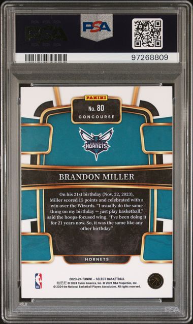 2023 Panini Select Brandon Miller #80 Gem Mt 10 back