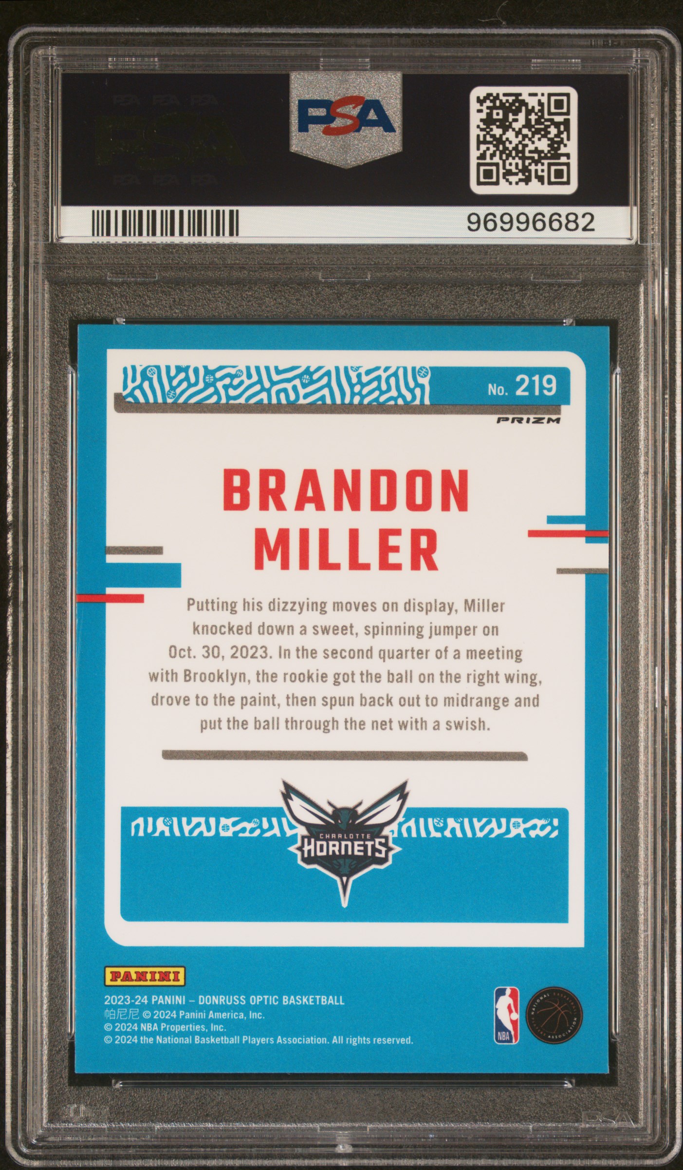 2023 Panini Donruss Optic Brandon Miller #219 (Purple Shock) Gem Mt 10 back