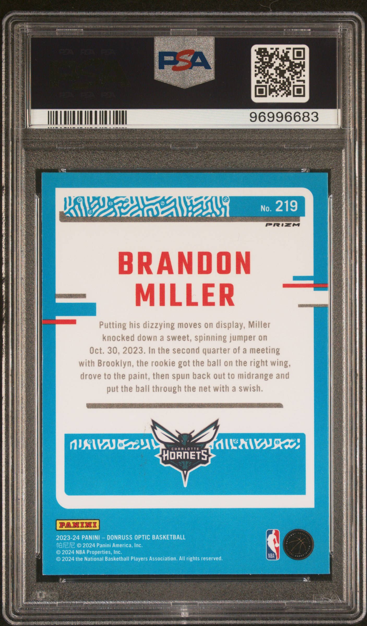 2023 Panini Donruss Optic Brandon Miller #219 (Holo) Gem Mt 10 back