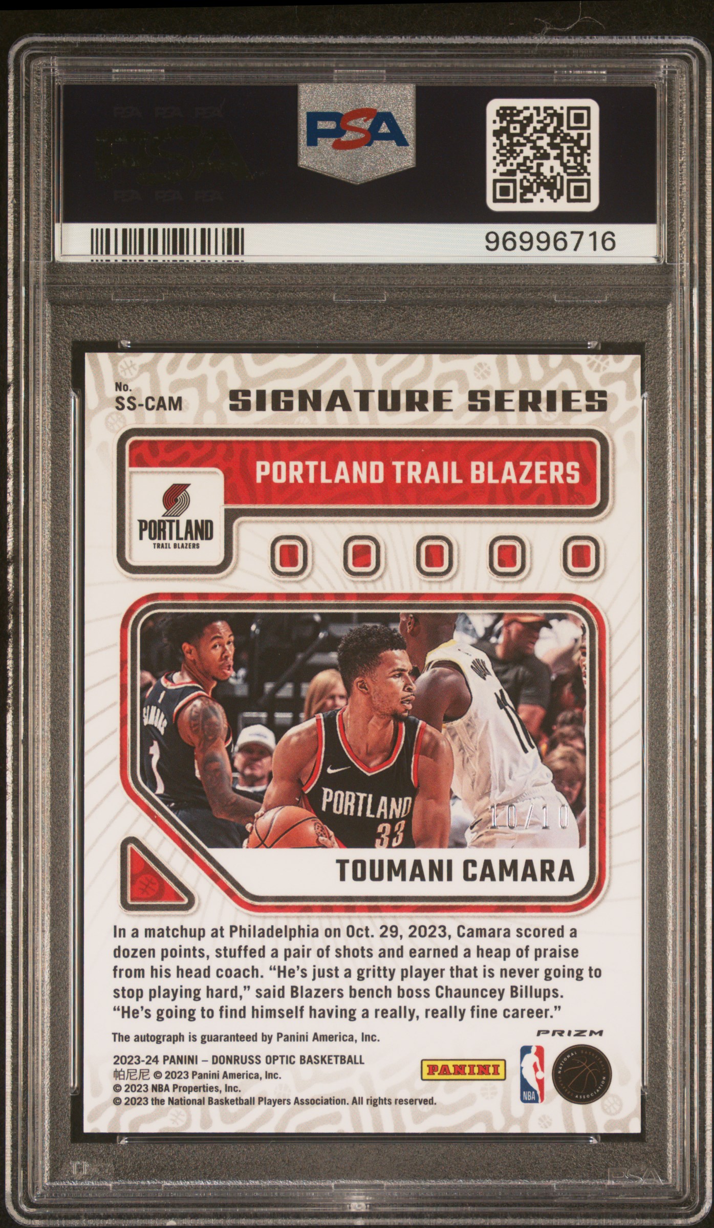2023 Panini Donruss Optic Signature Series Toumani Camara #Sscam (Signature Series-Gold) Gem Mt 10 back