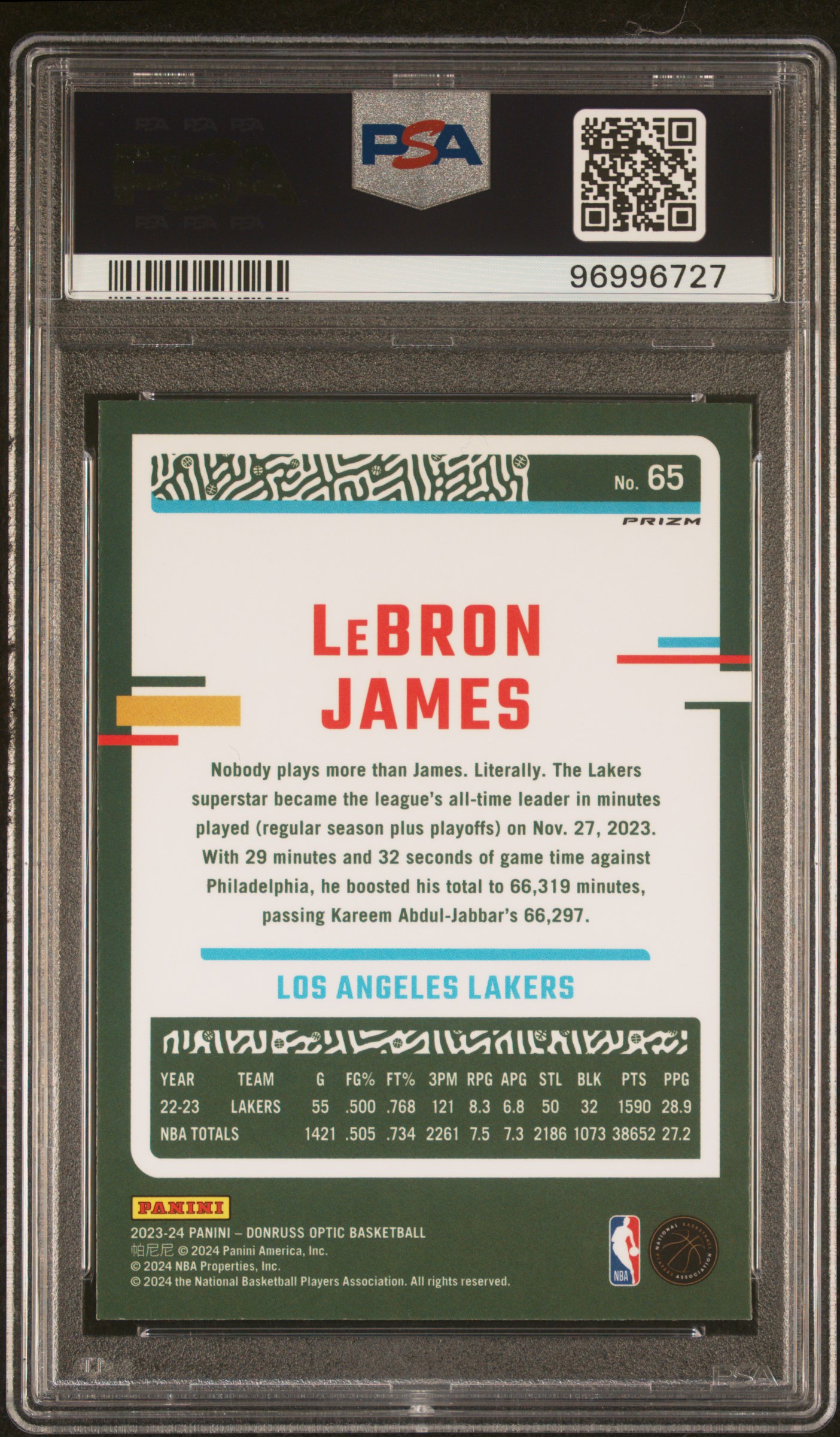 2023 Panini Donruss Optic Lebron James #65 (Checkerboard) Gem Mt 10 back