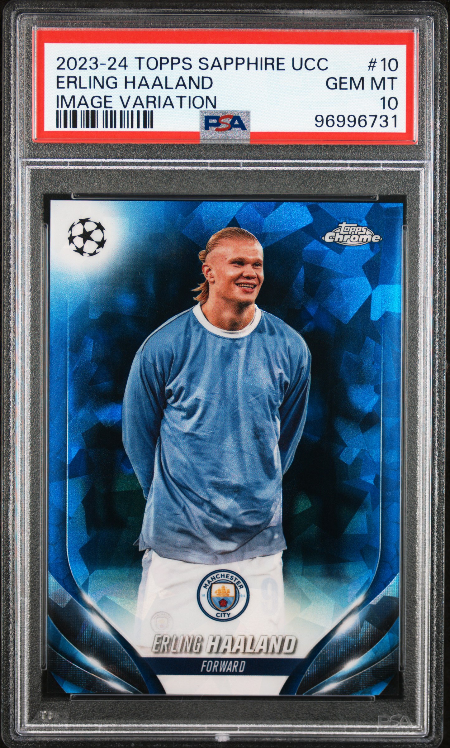2023-24 Topps Chrome Sapphire Edition Uefa Club Competitions Image Variations Erling Haaland #10 Gem Mt 10 front