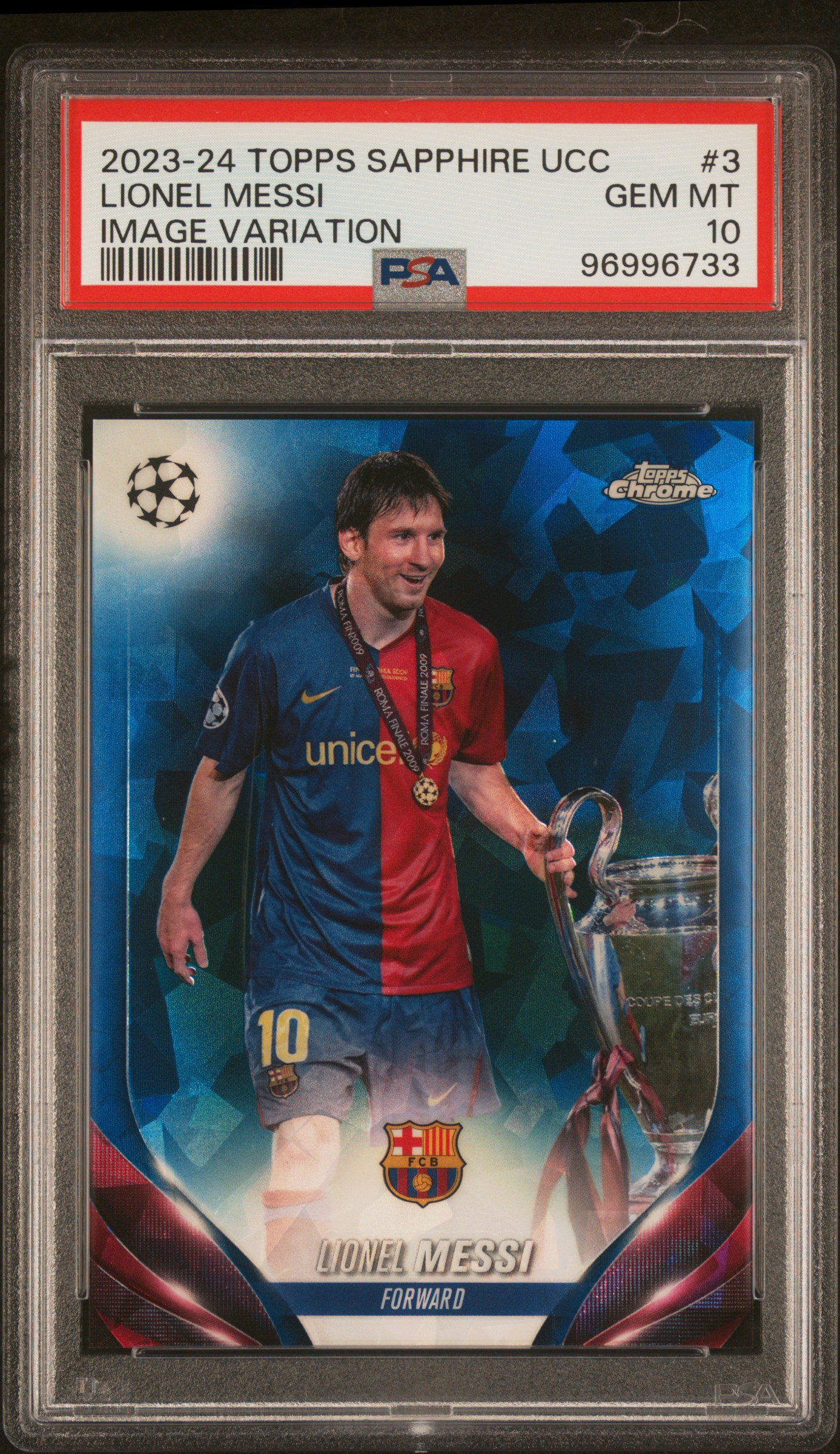 2023-24 Topps Chrome Sapphire Edition Uefa Club Competitions Image Variations Lionel Messi #3 Gem Mt 10 front