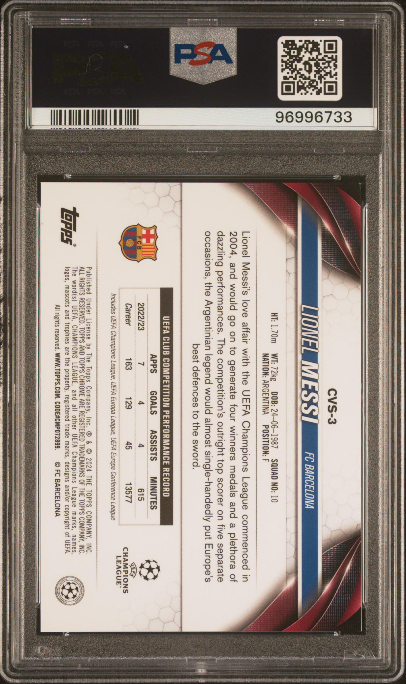 2023-24 Topps Chrome Sapphire Edition Uefa Club Competitions Image Variations Lionel Messi #3 Gem Mt 10 back
