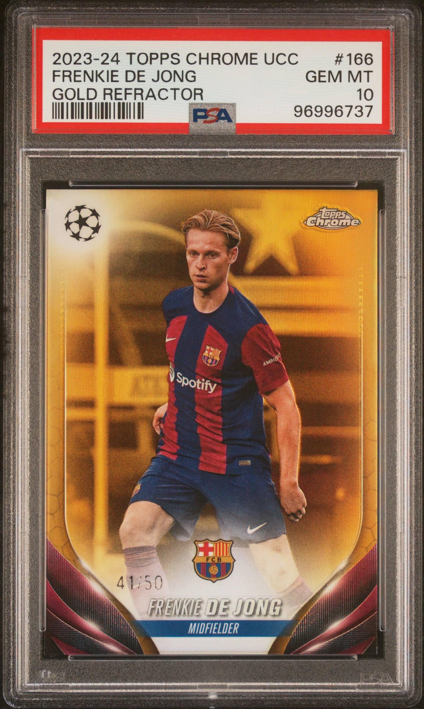 2023-24 Topps Chrome Uefa Club Competitions Frenkie De Jong #166 (Gold Refractor) Gem Mt 10 front