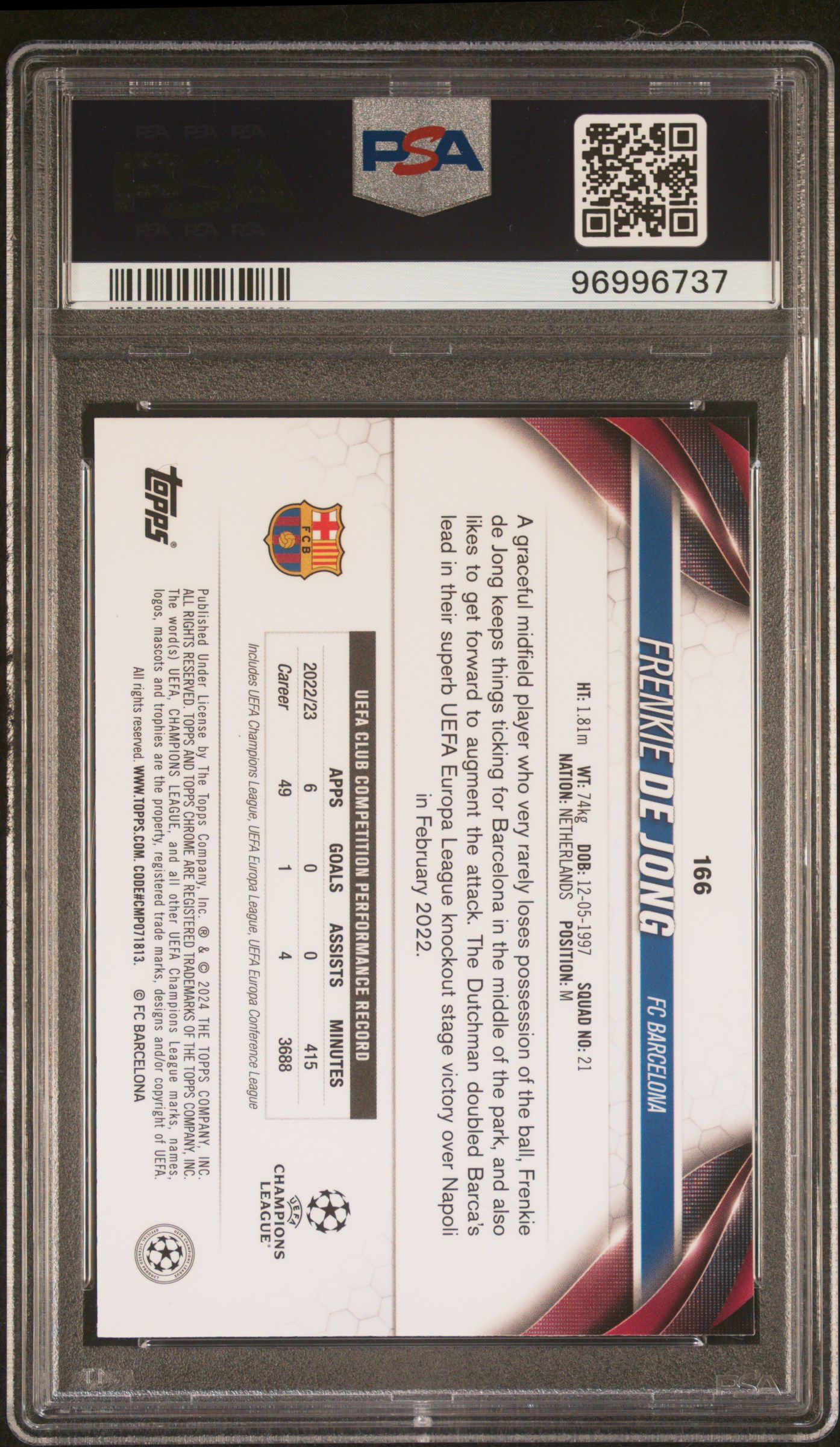 2023-24 Topps Chrome Uefa Club Competitions Frenkie De Jong #166 (Gold Refractor) Gem Mt 10 back