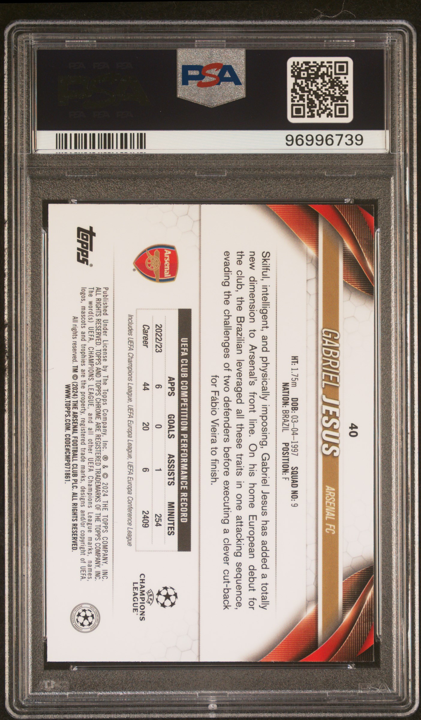 2023-24 Topps Chrome Uefa Club Competitions Gabriel Jesus #40 (Color Match) Gem Mt 10 back