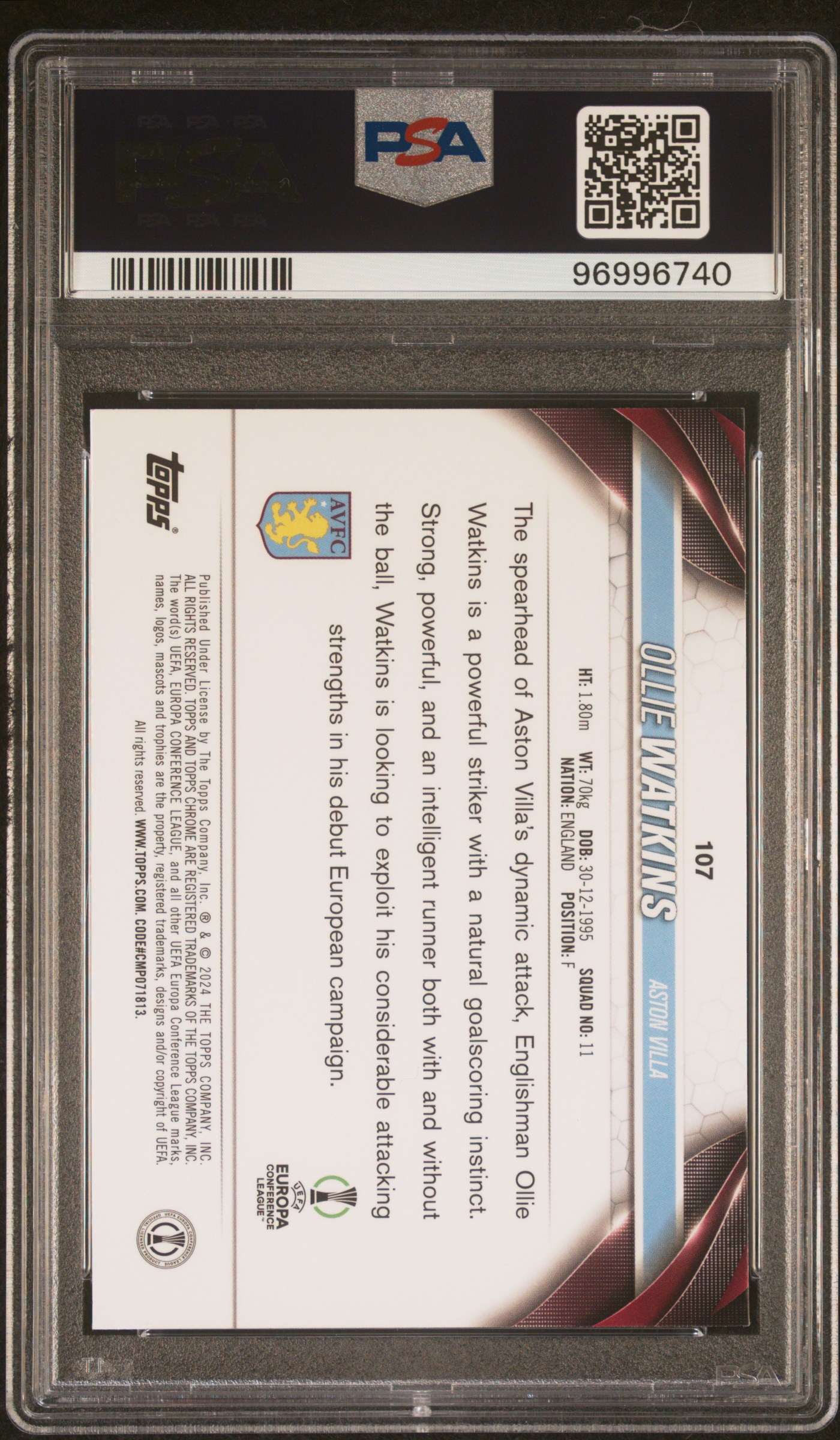 2023-24 Topps Chrome Uefa Club Competitions Ollie Watkins #107 (Toppsfractor) Gem Mt 10 back