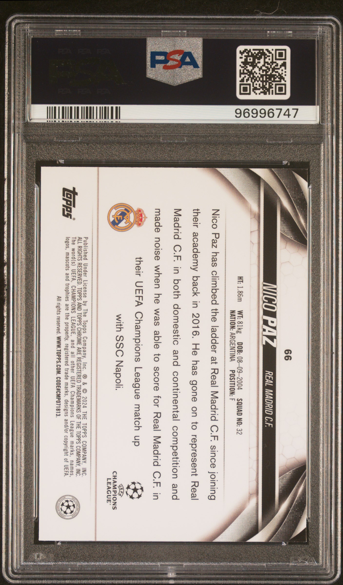 2023-24 Topps Chrome Uefa Club Competitions Nico Paz #66 (Purple Ray Wave) Gem Mt 10 back