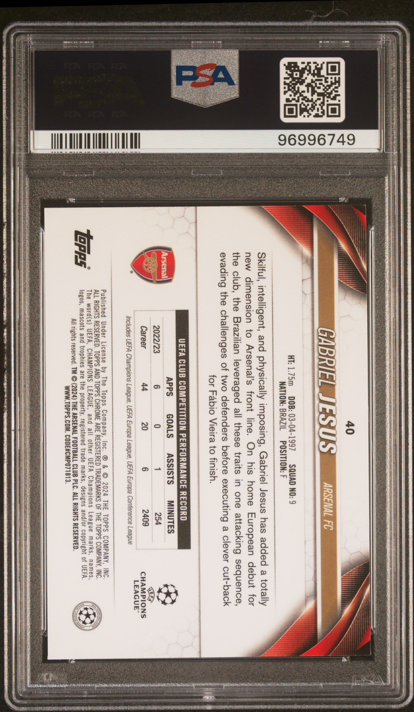 2023-24 Topps Chrome Uefa Club Competitions Gabriel Jesus #40 (Toppsfractor) Gem Mt 10 back