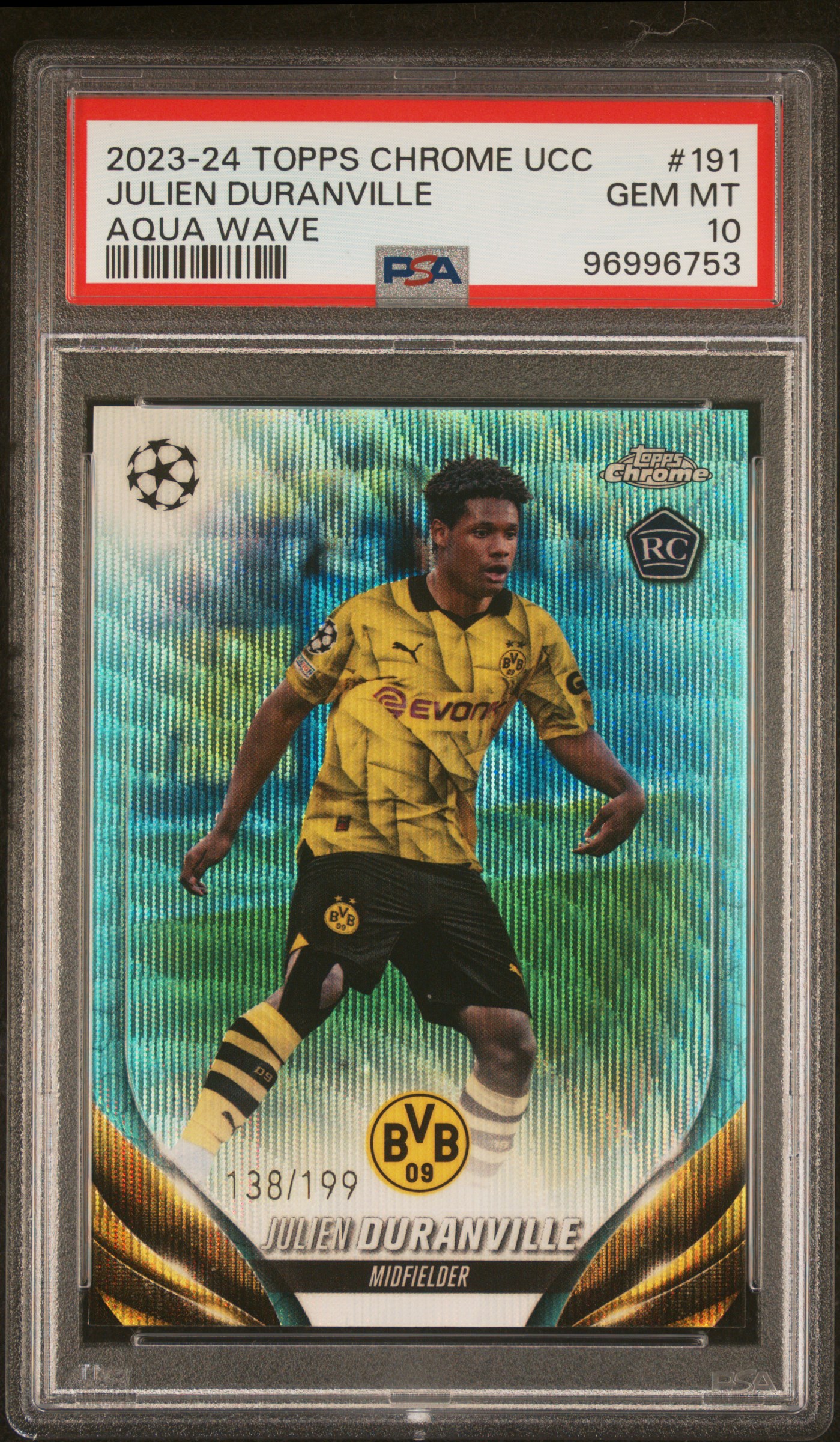 2023-24 Topps Chrome Uefa Club Competitions Julien Duranville #191 (Aqua Wave) Gem Mt 10 front