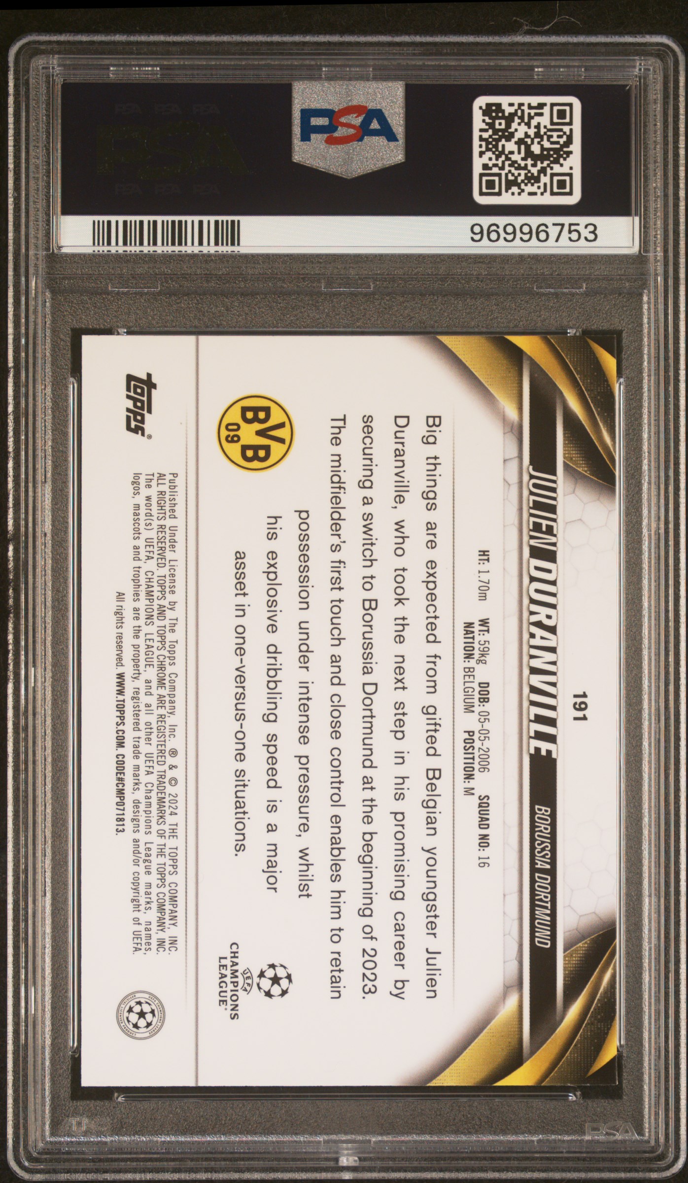 2023-24 Topps Chrome Uefa Club Competitions Julien Duranville #191 (Aqua Wave) Gem Mt 10 back