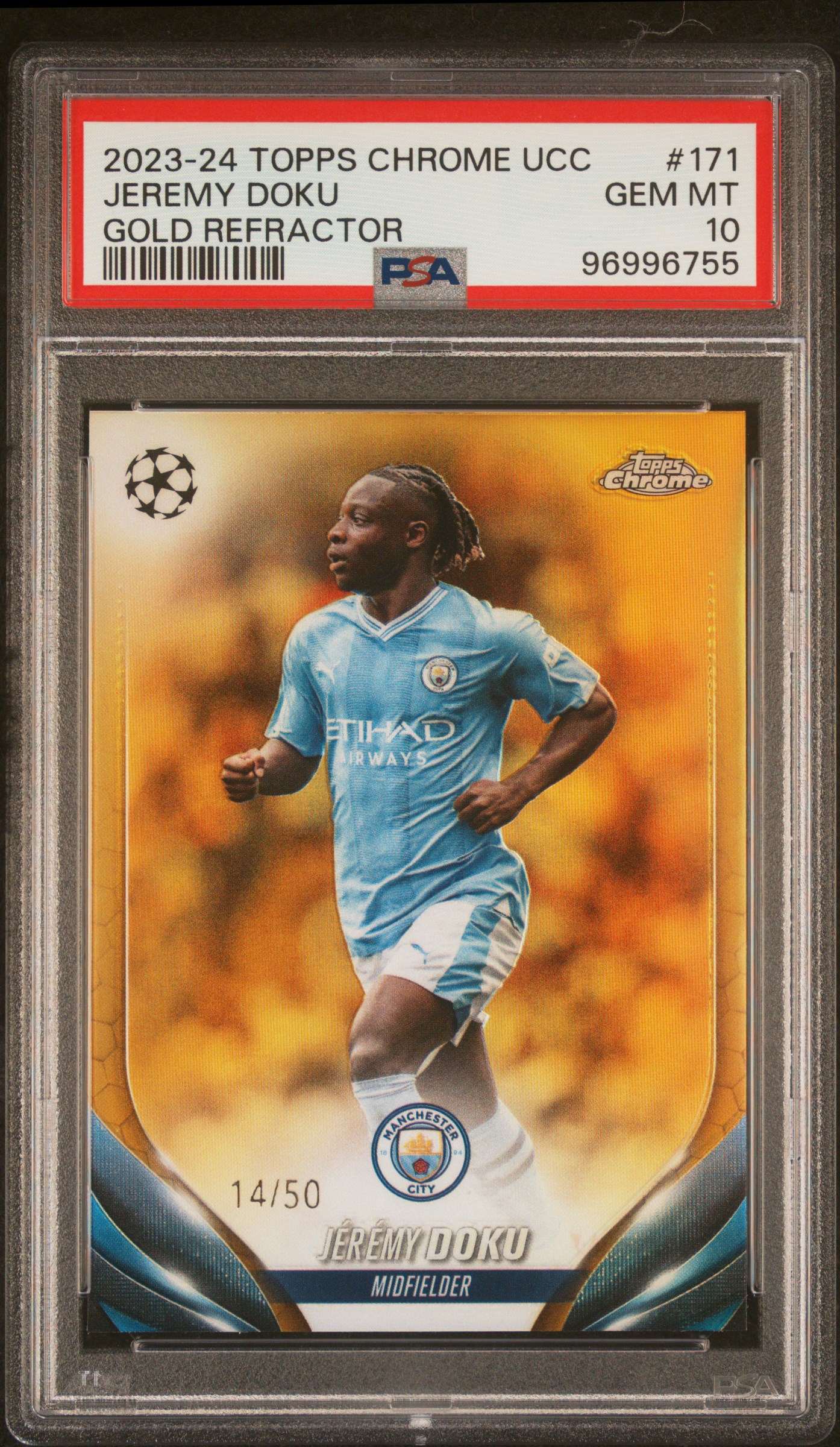 2023-24 Topps Chrome Uefa Club Competitions Jeremy Doku #171 (Gold Refractor) Gem Mt 10 front