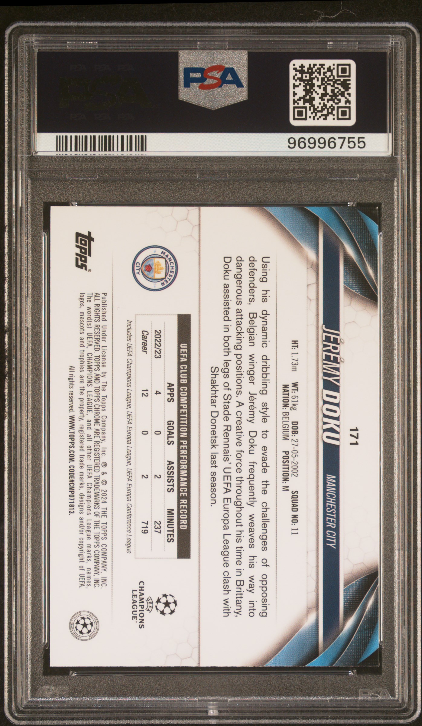 2023-24 Topps Chrome Uefa Club Competitions Jeremy Doku #171 (Gold Refractor) Gem Mt 10 back