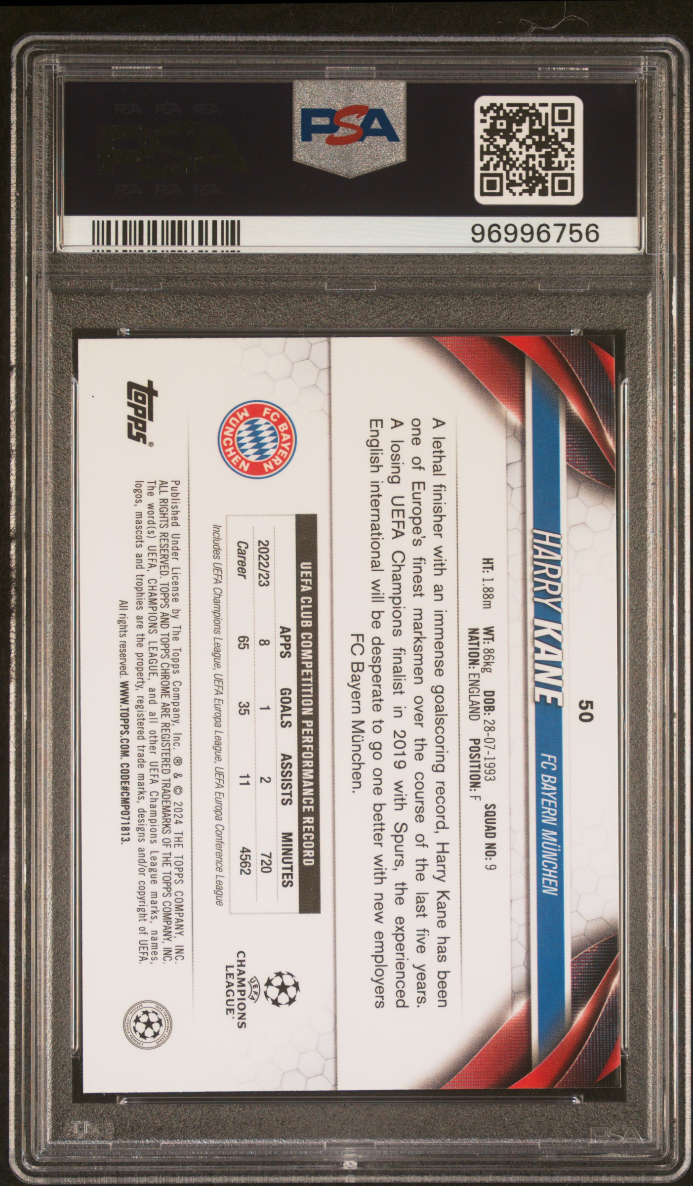 2023-24 Topps Chrome Uefa Club Competitions Harry Kane #50 (Magenta Prism Refractor) Gem Mt 10 back